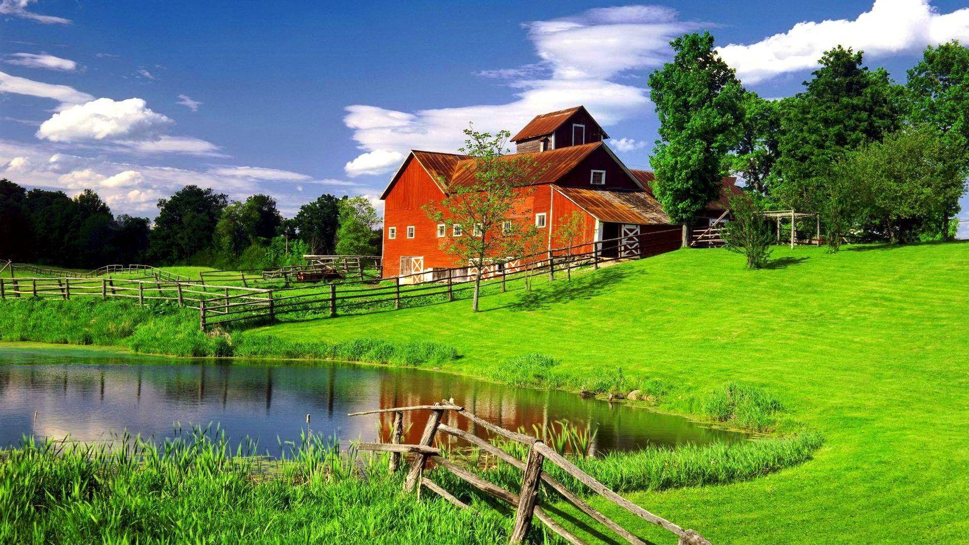 farmhouse, pond, red barn, Full HD Desktop Wallpaper