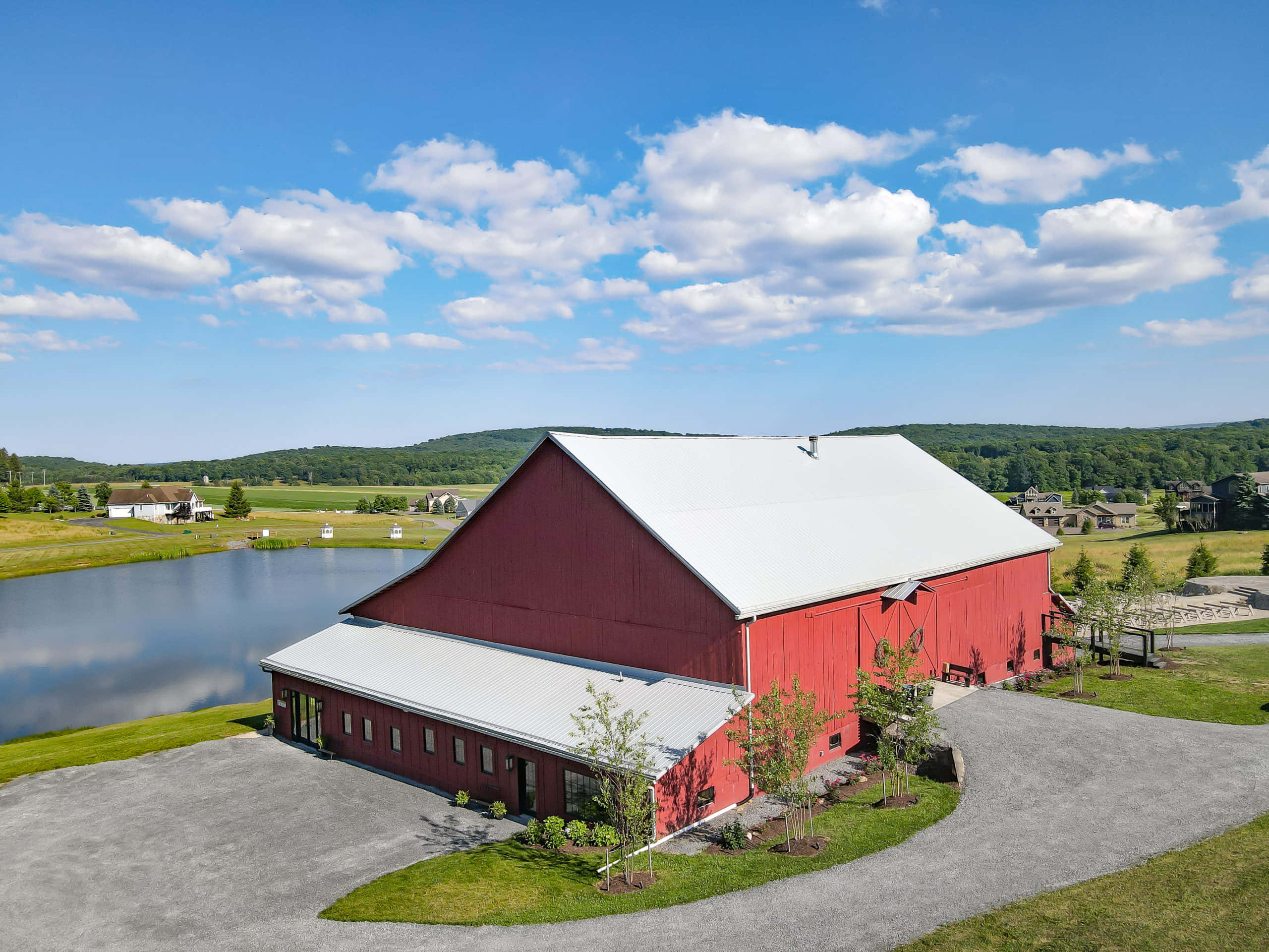 red barn, white roof, calm lake, 2K Desktop Wallpaper