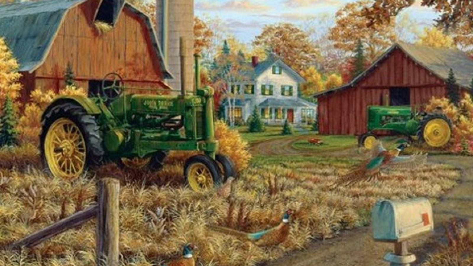 green John Deere tractor, golden autumn fields, red barn, HD Desktop Wallpaper