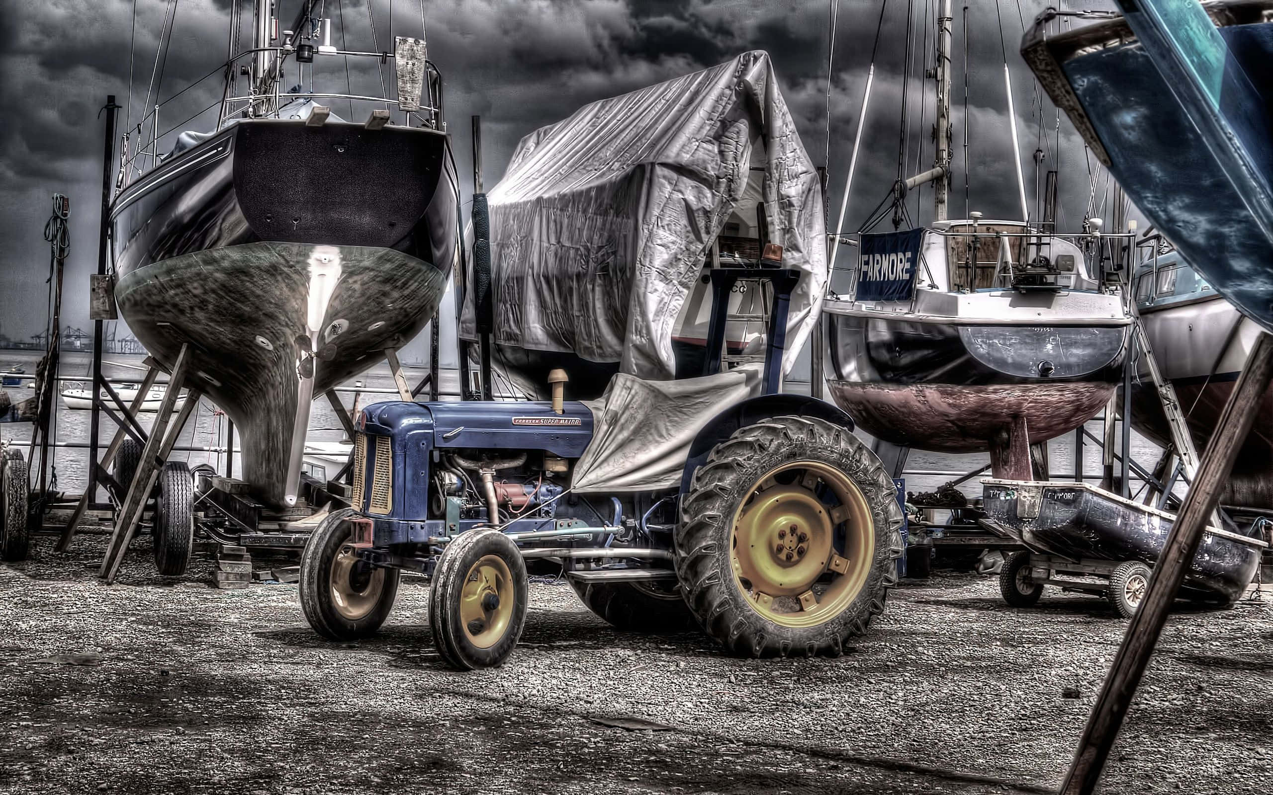 vintage blue tractor, docked boats, dramatic stormy sky, 2K Desktop Wallpaper