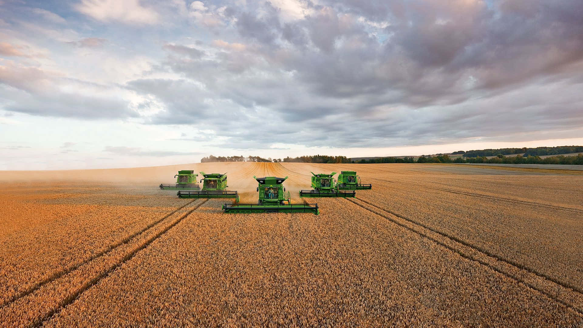 green harvesters, golden wheat field, cloudy sky, Full HD Desktop Wallpaper