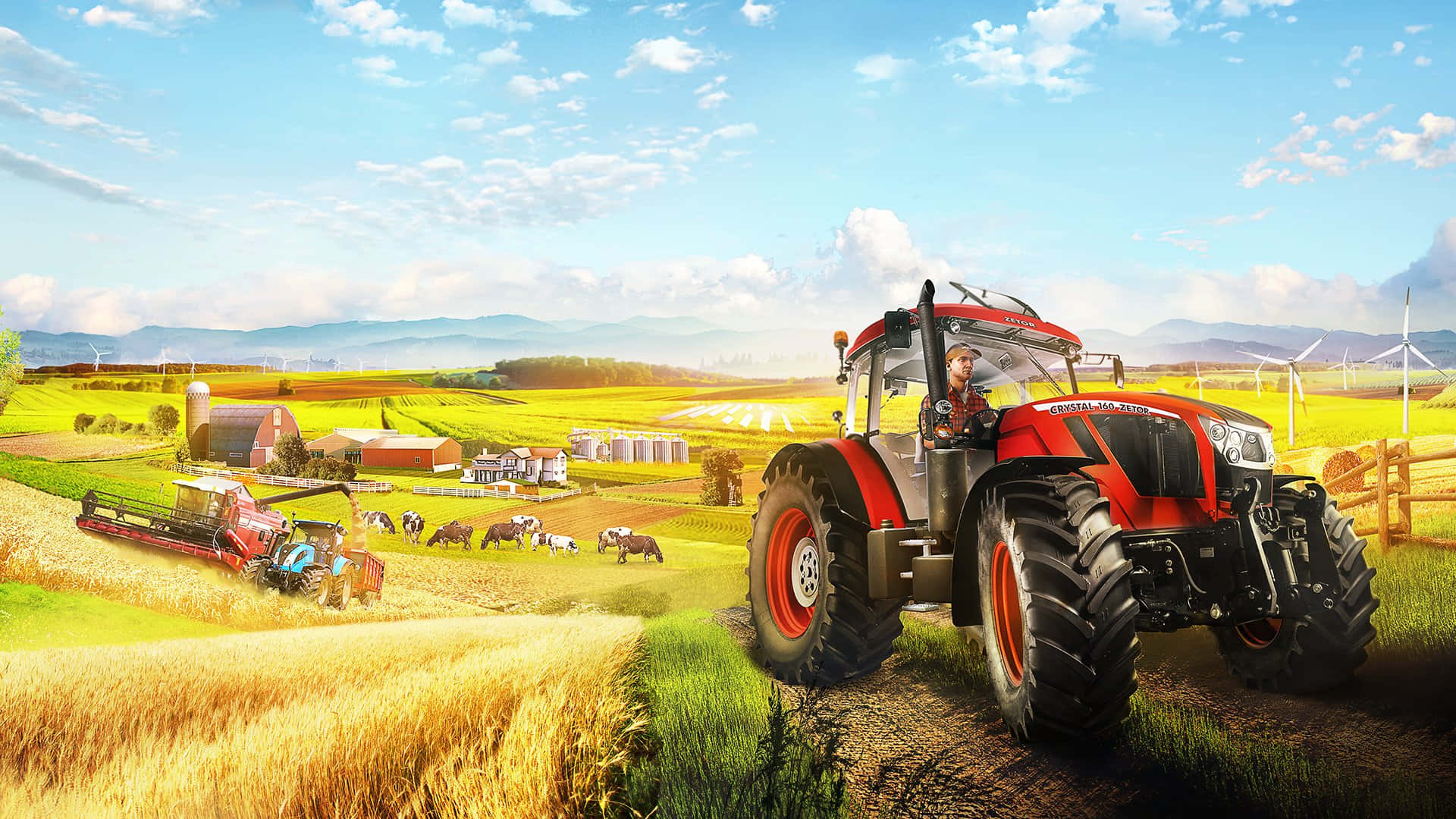 red tractor, golden wheat fields, bright blue sky, Full HD Desktop Wallpaper
