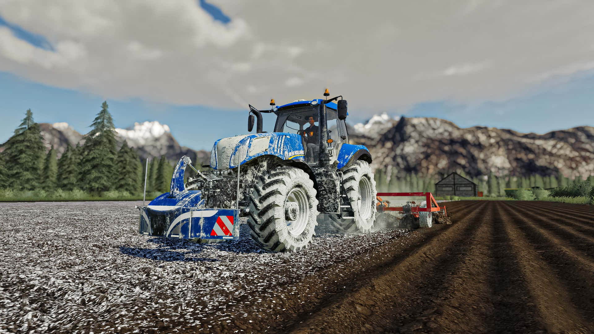 Farming, blue tractor, snowy field, Full HD Desktop Wallpaper