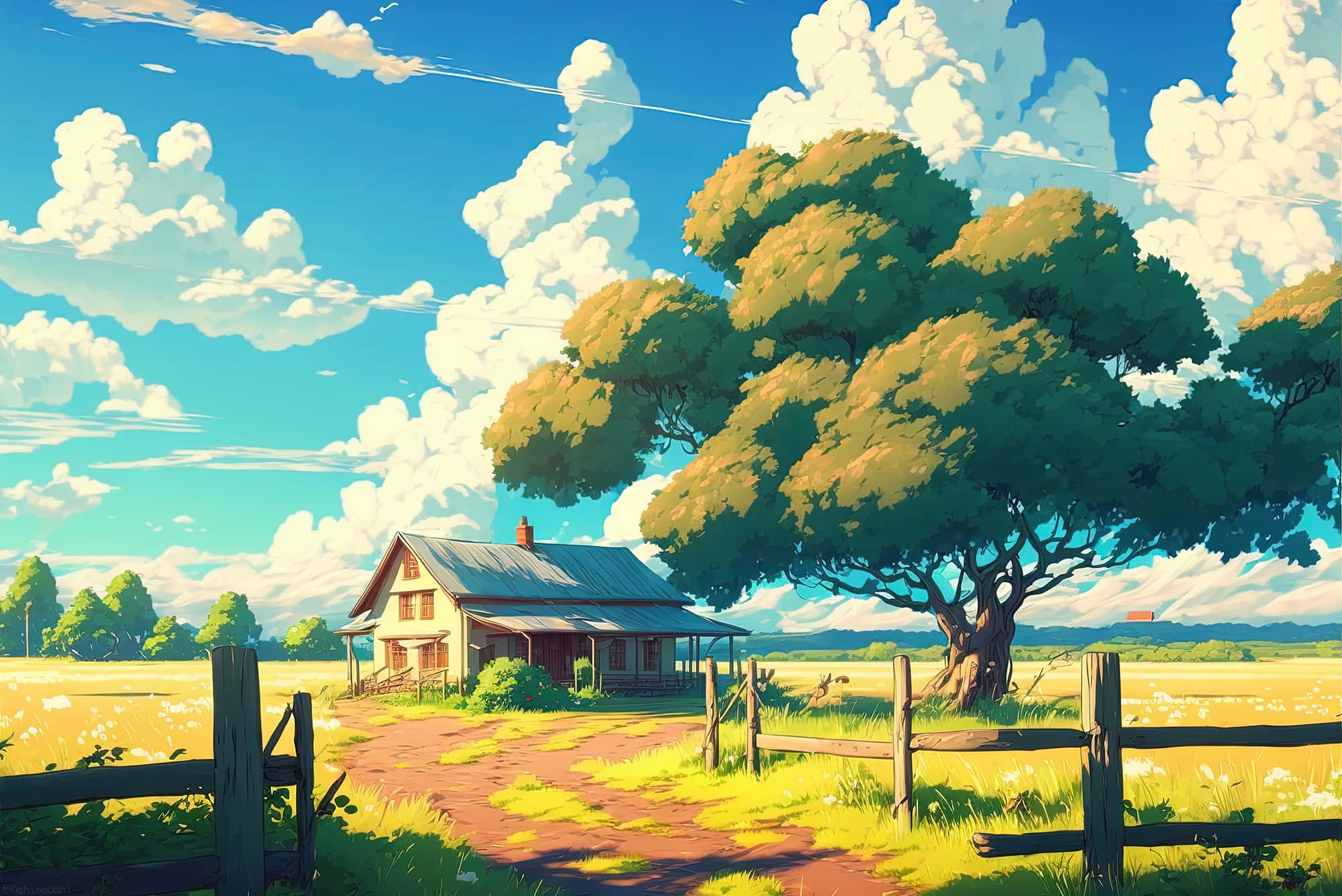 farming 2000 x 1336, rustic wooden house, giant tree, Full HD Desktop Wallpaper