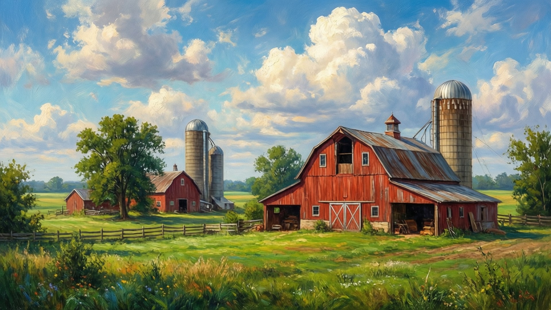 barnyard serenity, vibrant red barn, silos, Full HD Desktop Wallpaper
