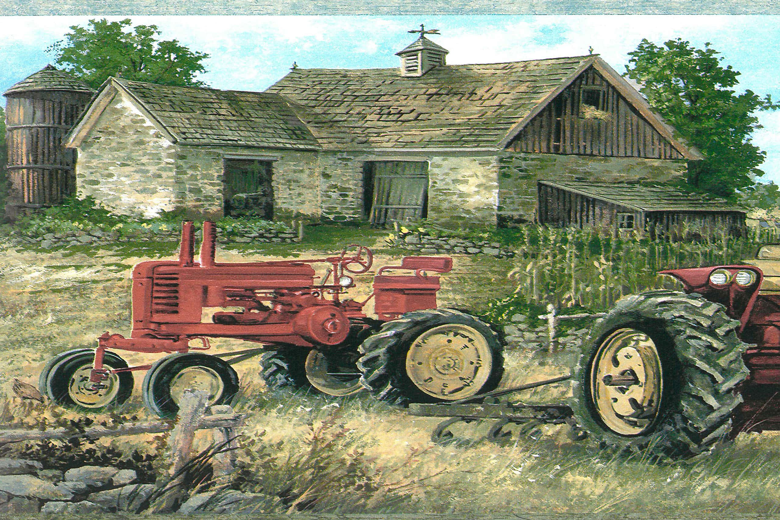 vintage red tractor, sunlit field, rustic stone farmhouse, 2K Desktop Wallpaper