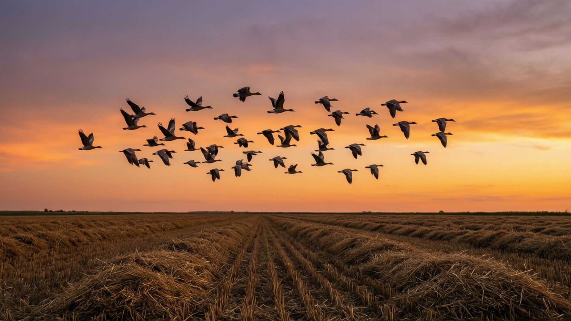 birds, harvested field, sunset, Full HD Desktop Wallpaper