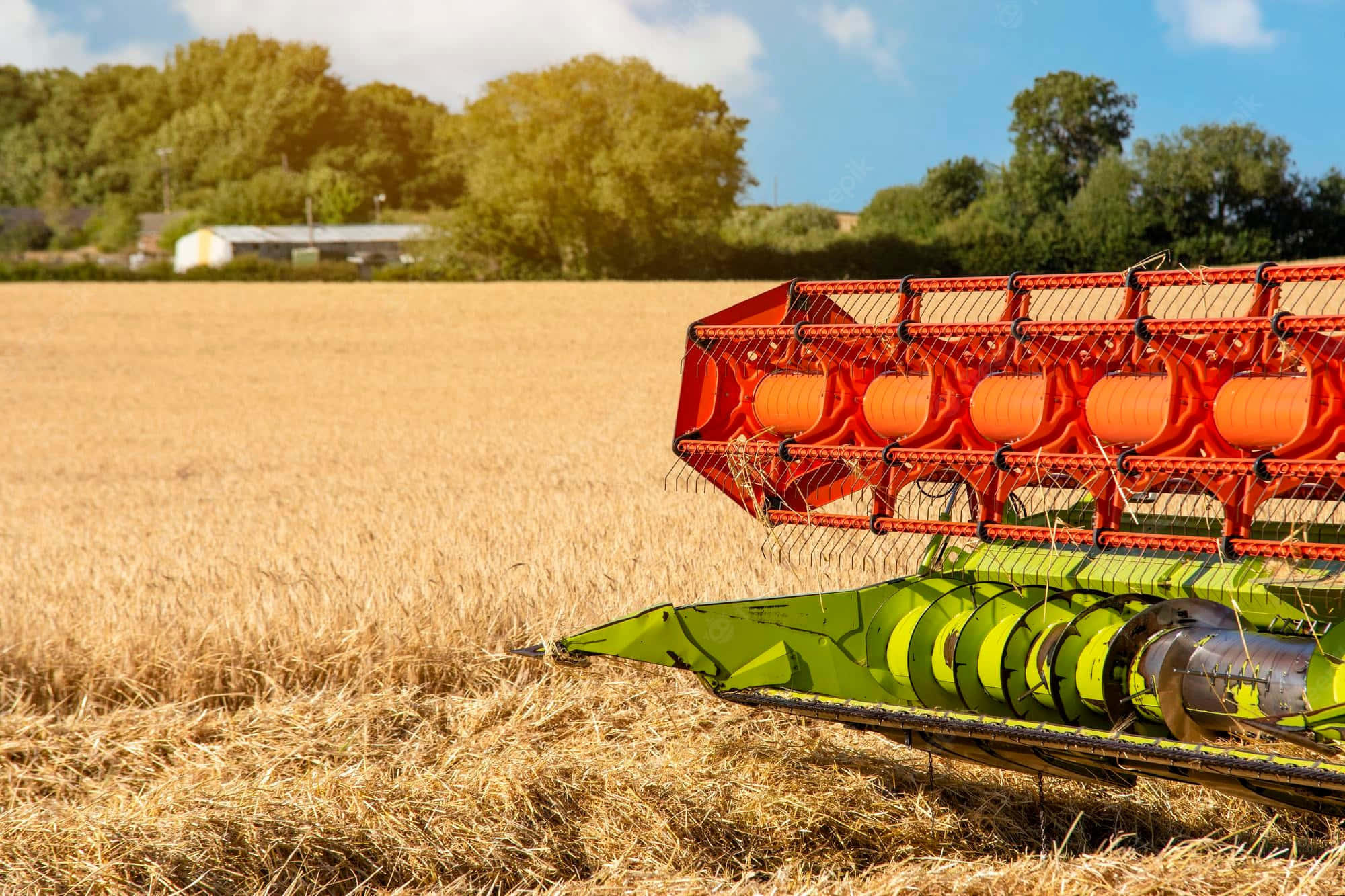 combine harvester, golden wheat field, bright blue sky, Full HD Desktop Wallpaper