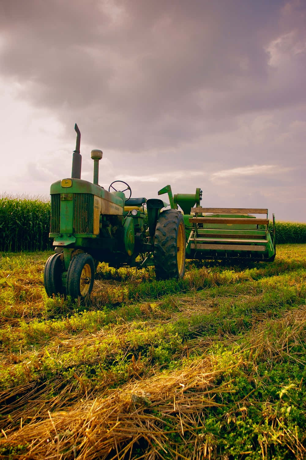 vintage green tractor, yellow wheels, harvested field, HD Phone Wallpaper