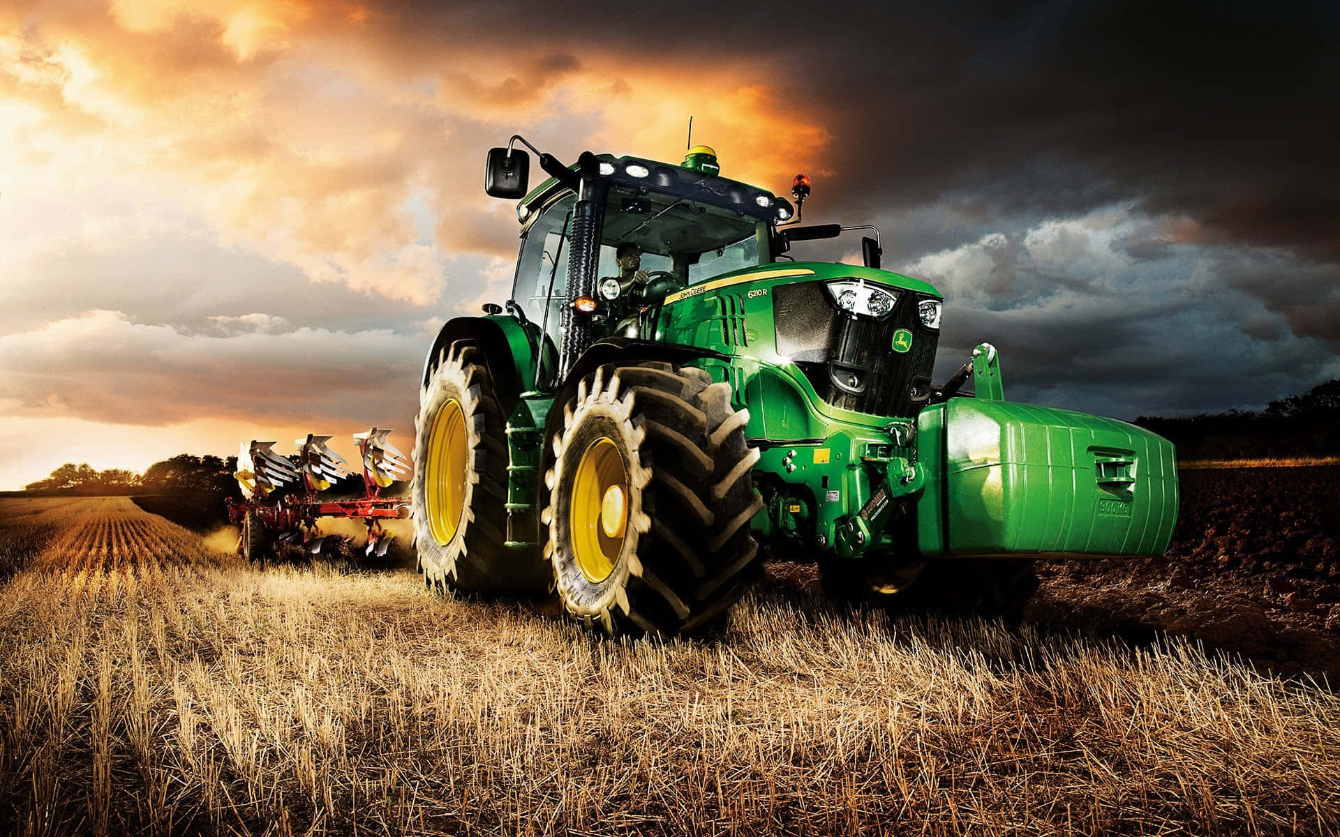 green John Deere tractor, golden field, dramatic sunset sky, Full HD Desktop Wallpaper