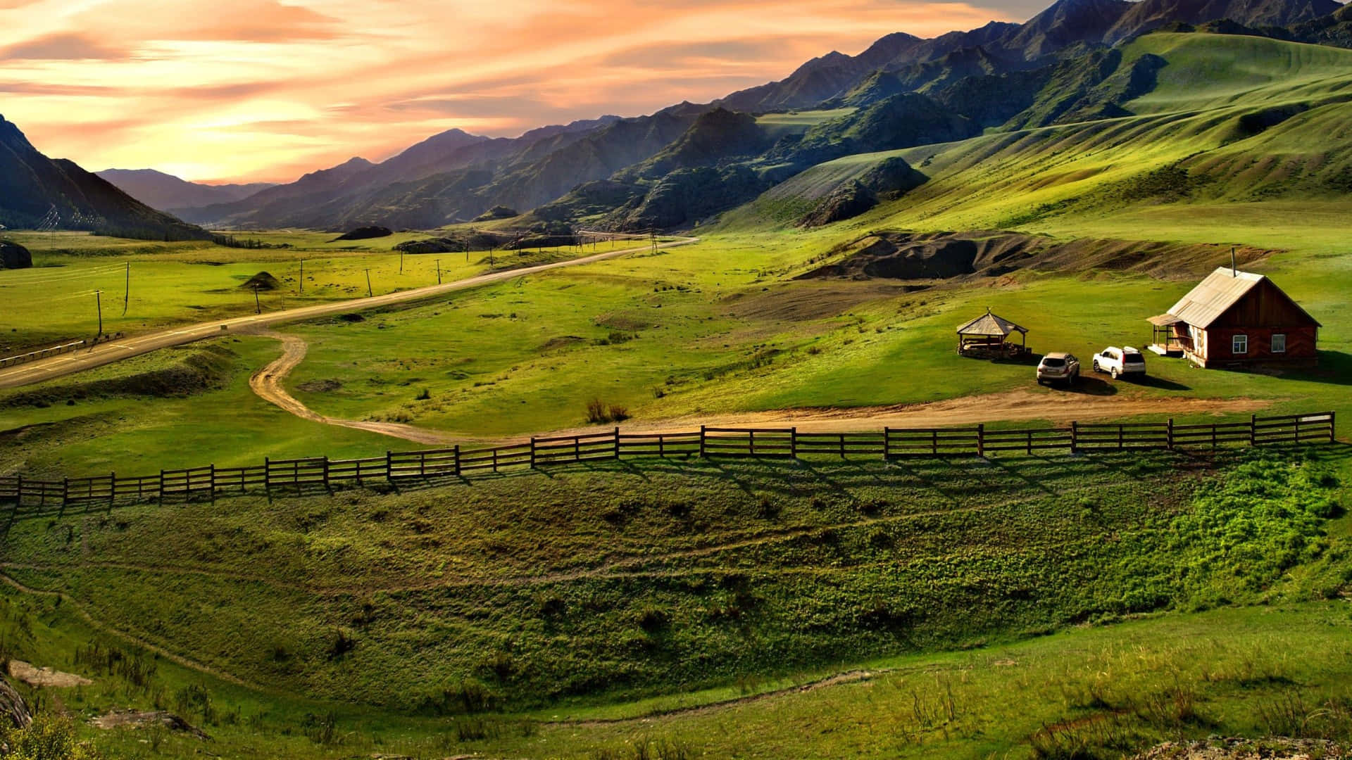 country farm landscape, winding dirt road, vibrant green hills, Full HD Desktop Wallpaper