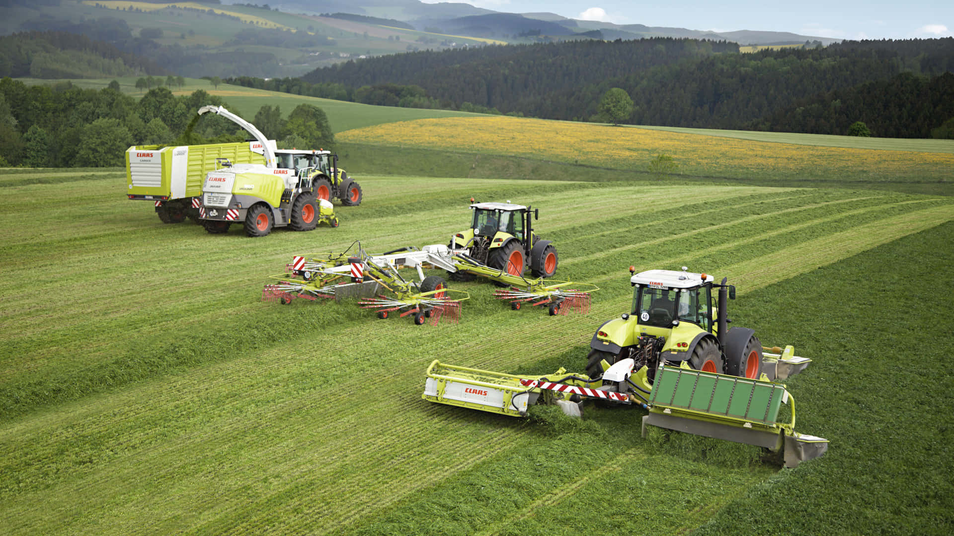 lime-green Claas tractors, red wheels, harvesting attachments, Full HD Desktop Wallpaper