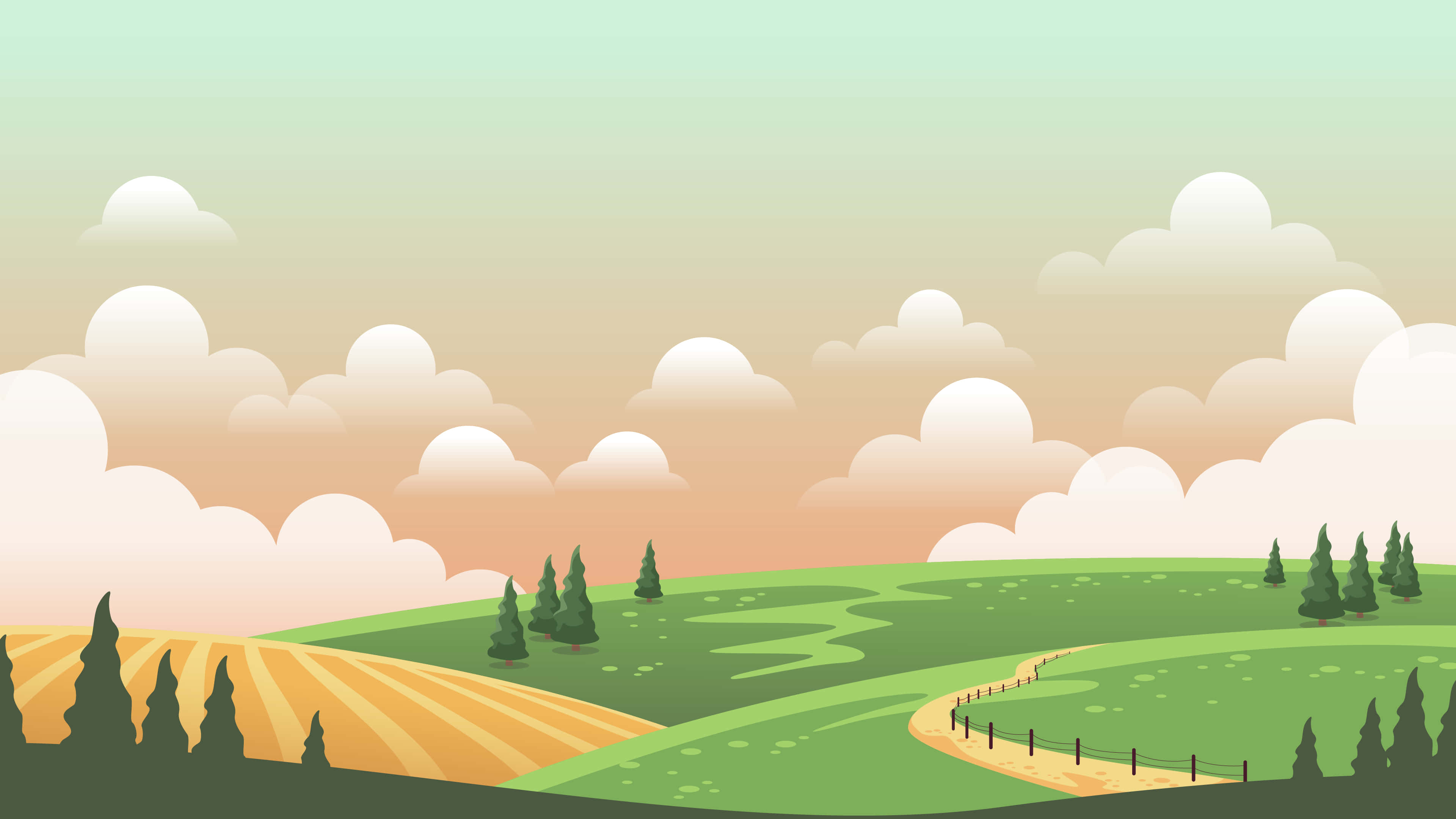 pastel-colored, rolling green hills, winding dirt path, 4K Desktop Wallpaper