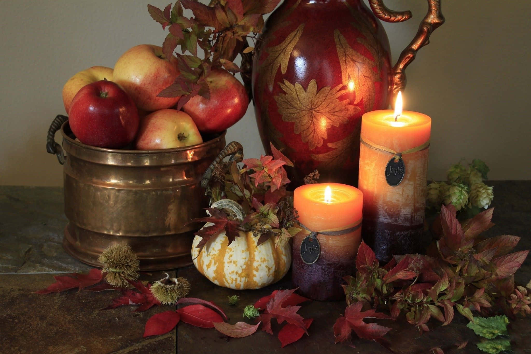 harvest time, autumn still life, glowing candles, Full HD Desktop Wallpaper