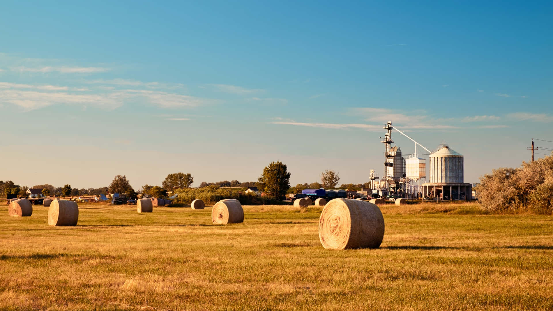 golden hay bales, sunlit field, clear blue sky, Full HD Desktop Wallpaper