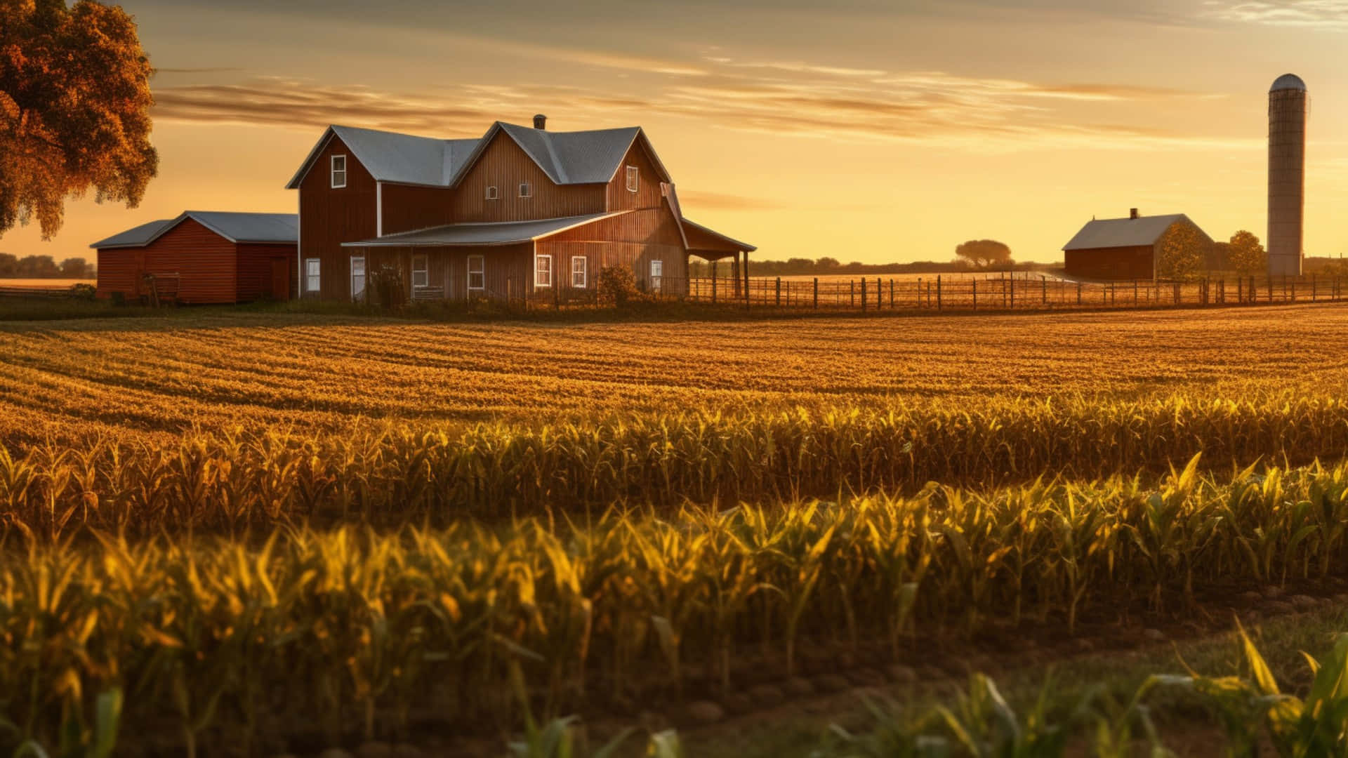 rustic red barn, silo, golden cornfield, Full HD Desktop Wallpaper
