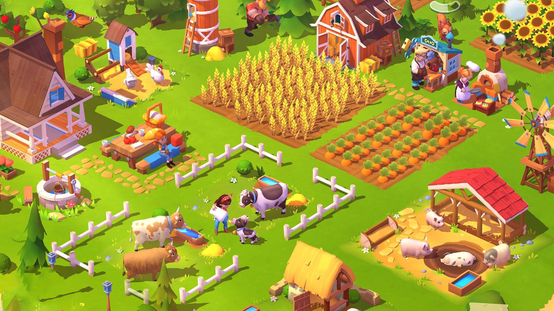 Farmville, cartoon farm scene, cows, Full HD Desktop Wallpaper