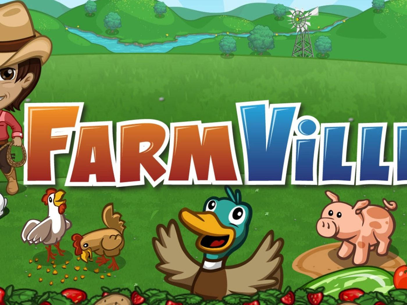 Farmville, cartoon farm scene, girl farmer, HD Desktop Wallpaper