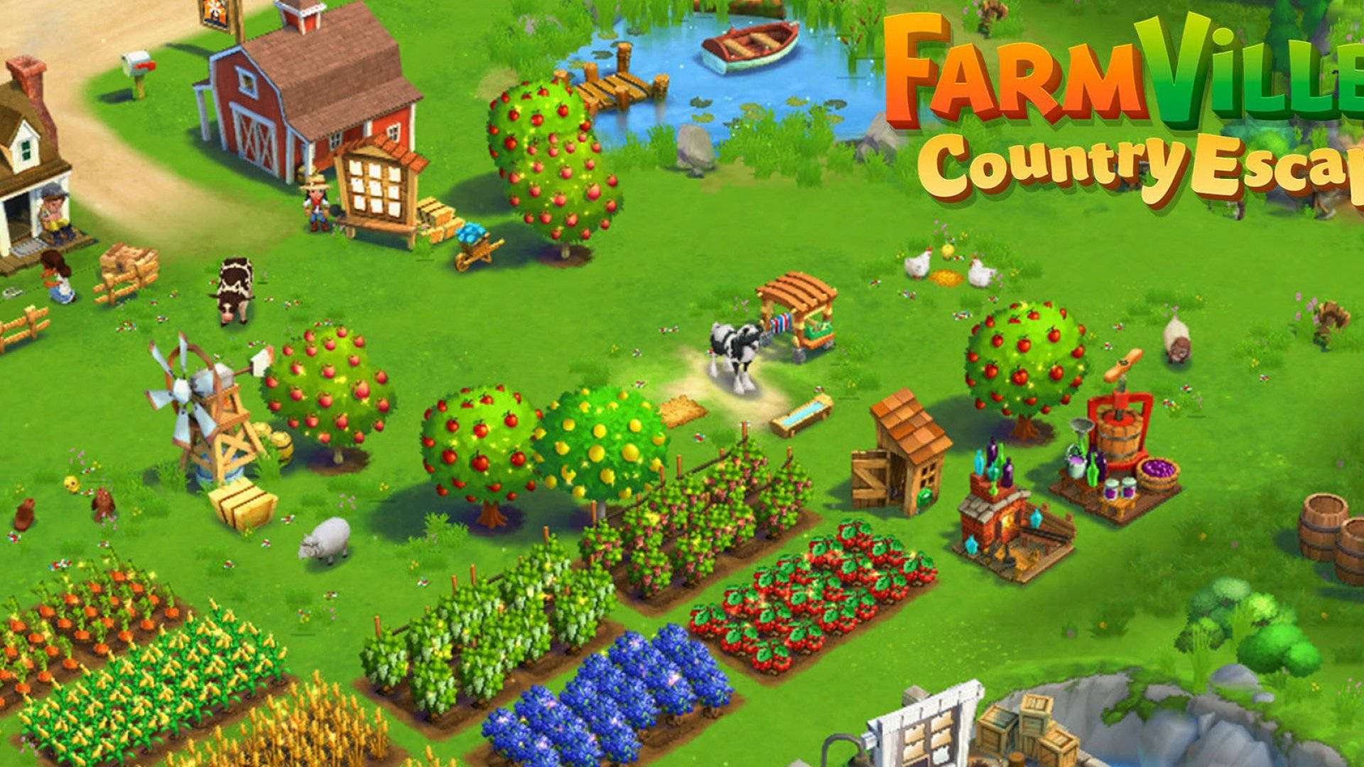 Farmville, cartoon farm, apple trees, Full HD Desktop Wallpaper