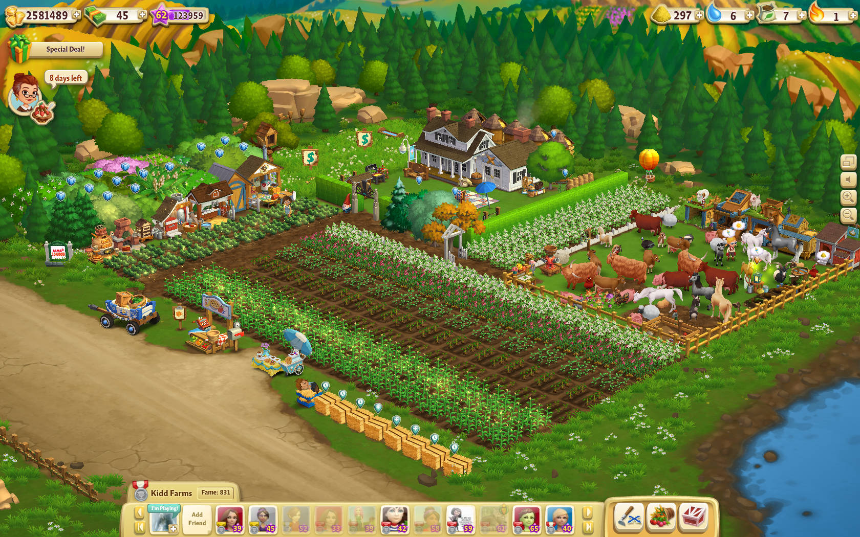 Farmville, cartoon farm, crop rows, HD Desktop Wallpaper