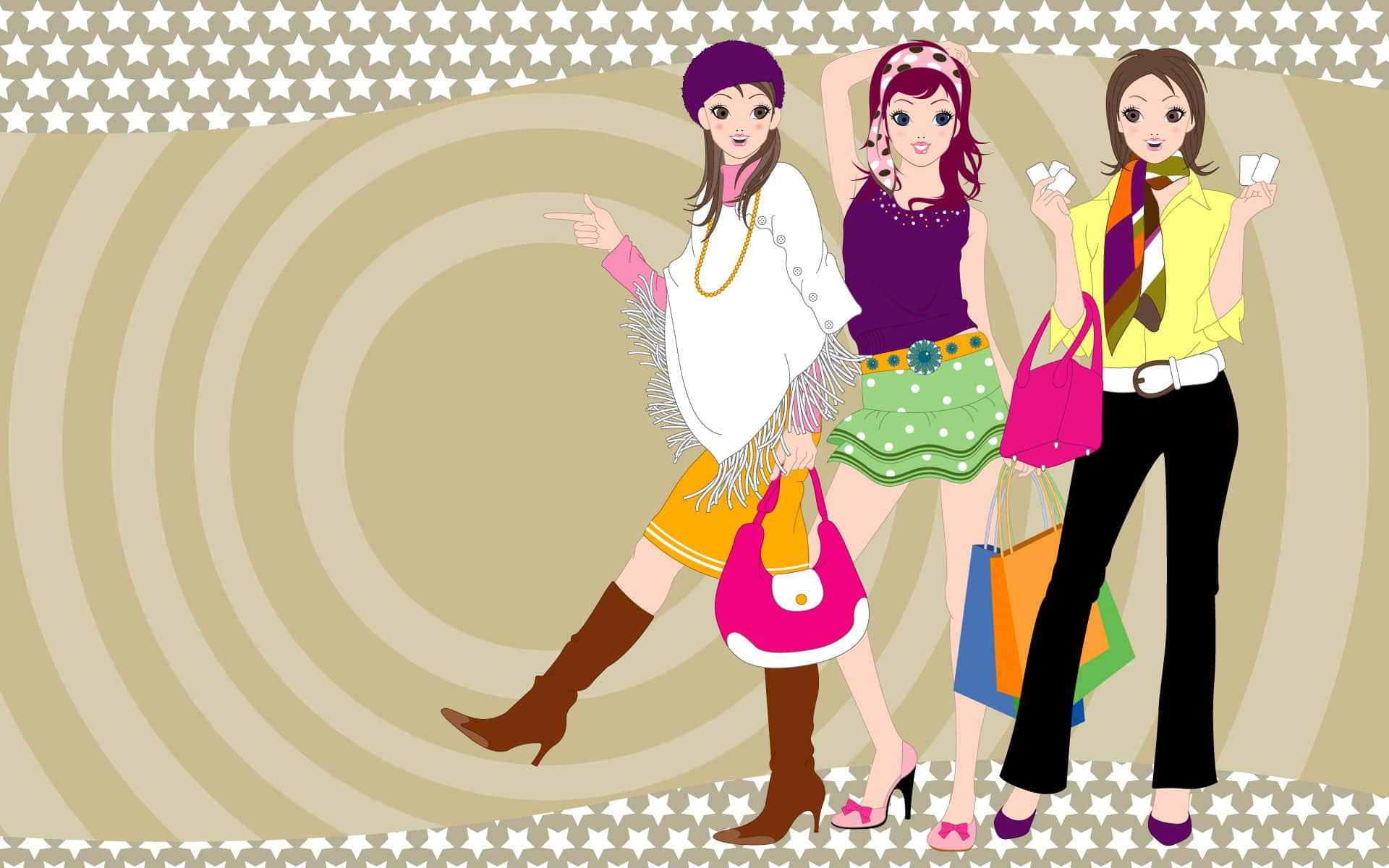fashionable trio, cartoon illustration, beige spiral background, Full HD Desktop Wallpaper