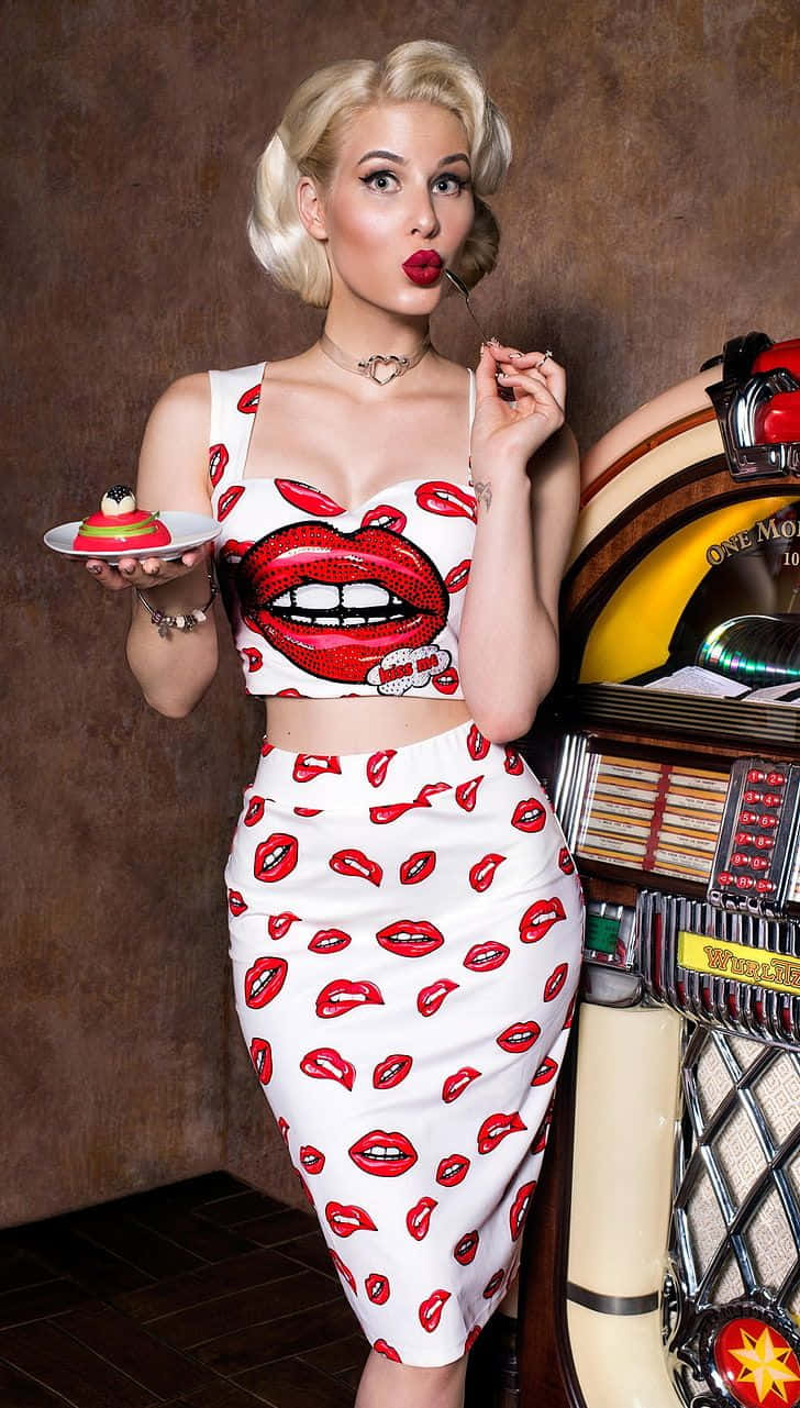 retro chic lipstick fashion, red lips print outfit, vintage jukebox, HD Phone Wallpaper