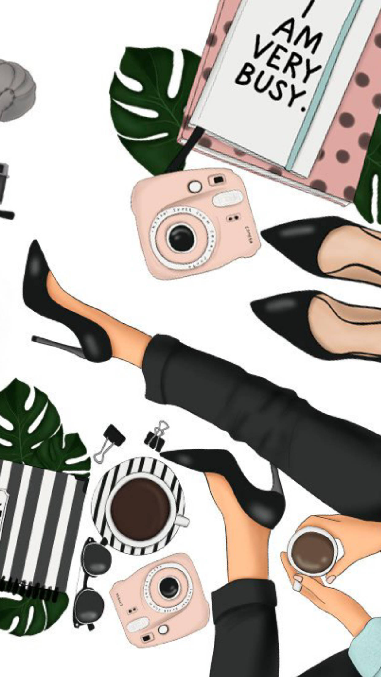 cartoon fashion girl art, black heels, coffee cups, Full HD Phone Wallpaper