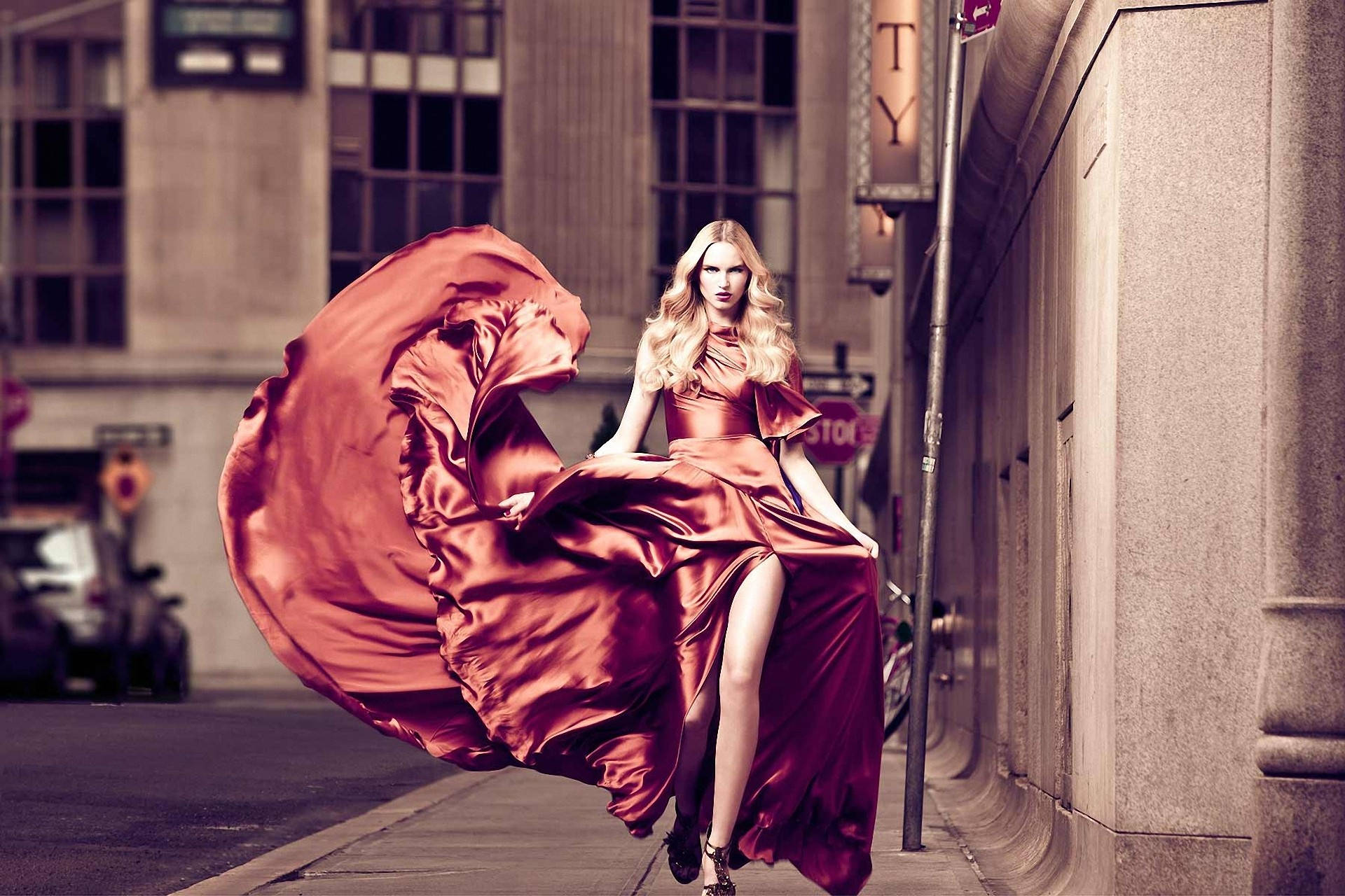 blonde woman, flowing red satin gown, city sidewalk, Full HD Desktop Wallpaper