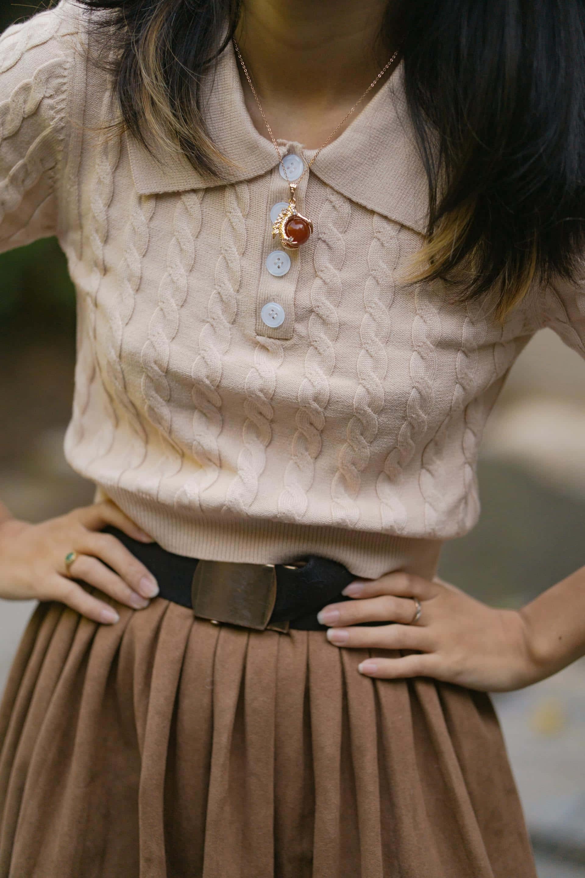 beige cable-knit polo shirt, white buttons, brown pleated skirt, 2K Phone Wallpaper