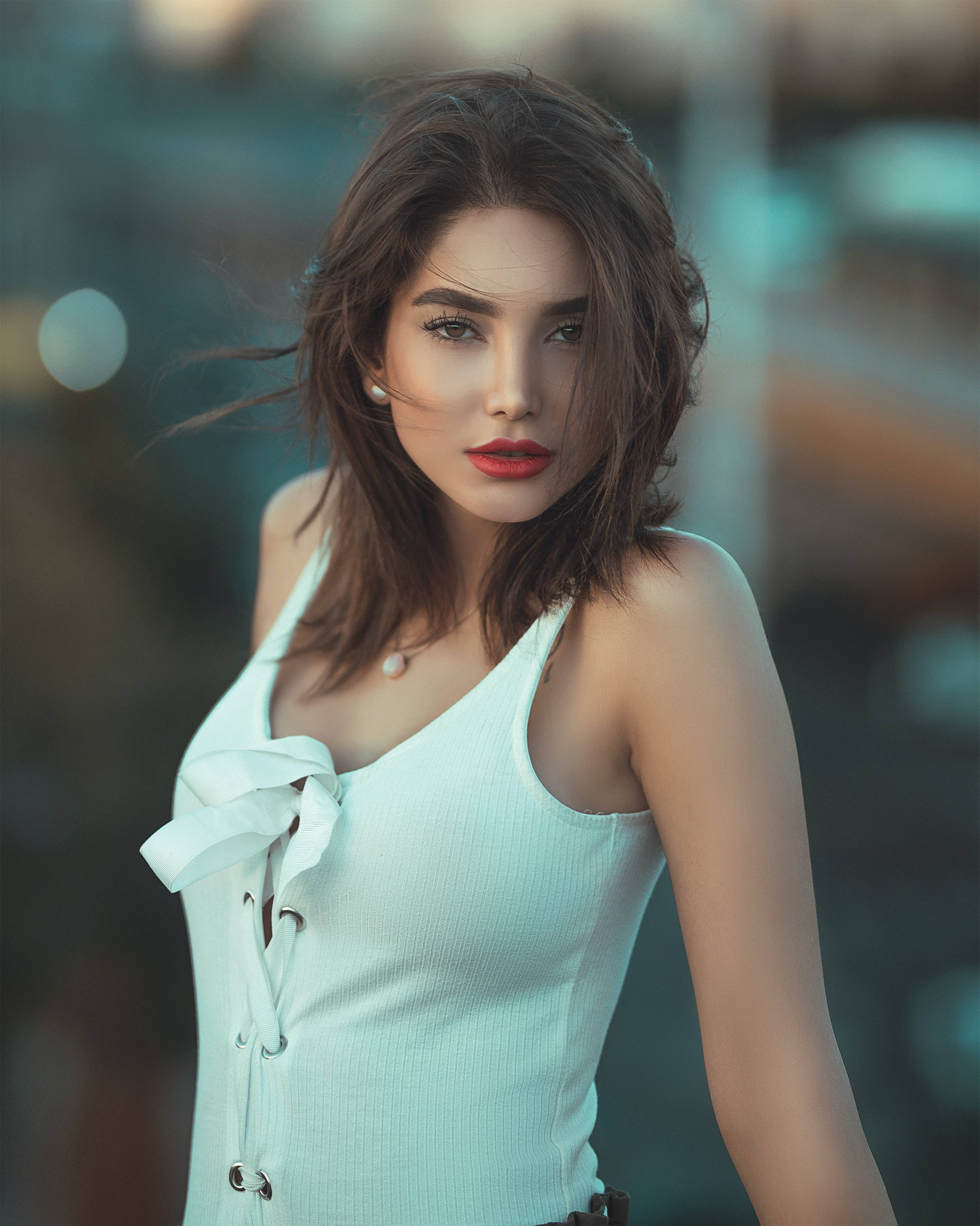 white ribbed top, bow, lace-up front, 2K Phone Wallpaper