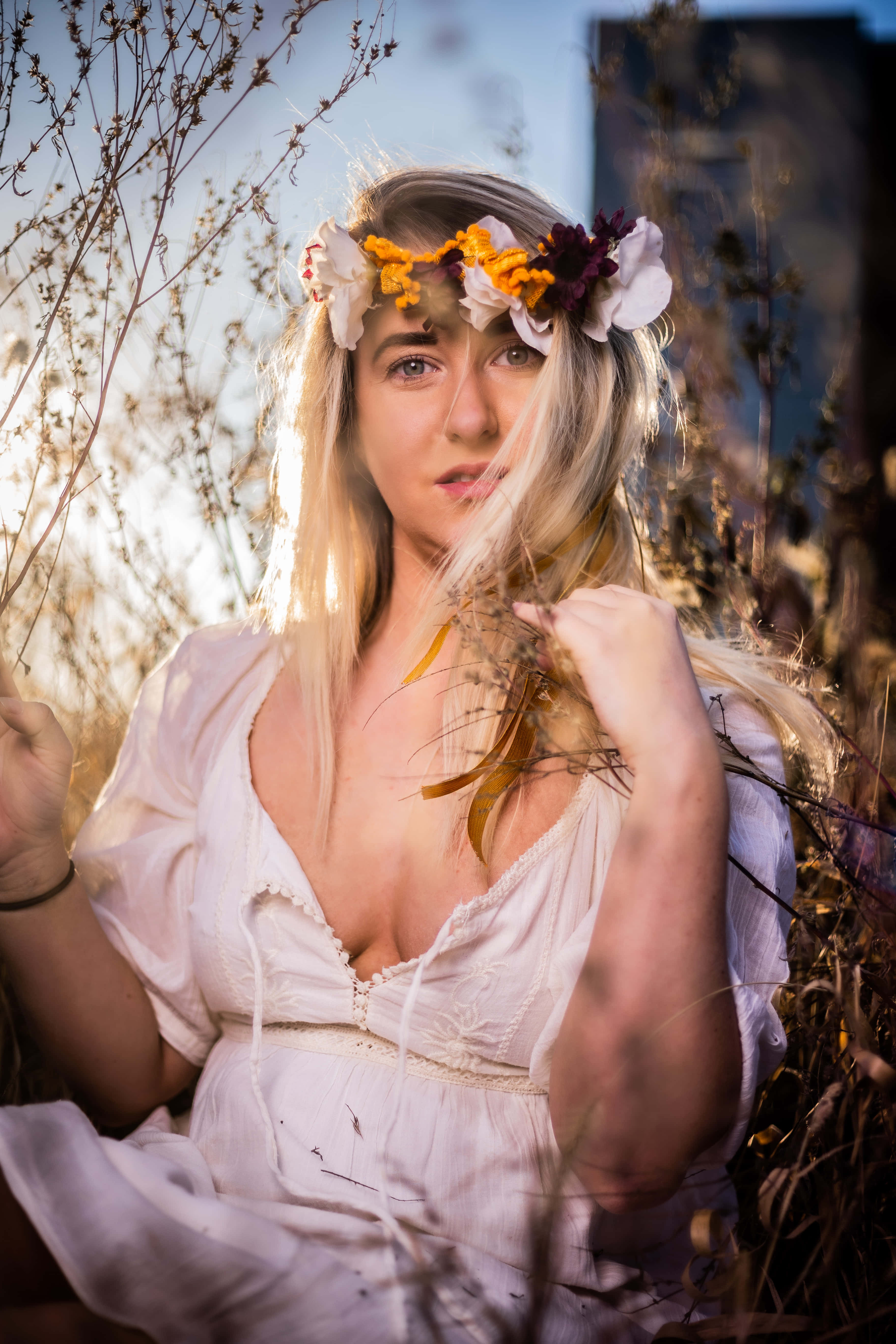 floral crown, golden grass, warm sunlight, 5K Phone Wallpaper