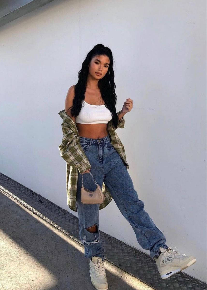 white crop top, ripped jeans, plaid shirt, SD Phone Wallpaper