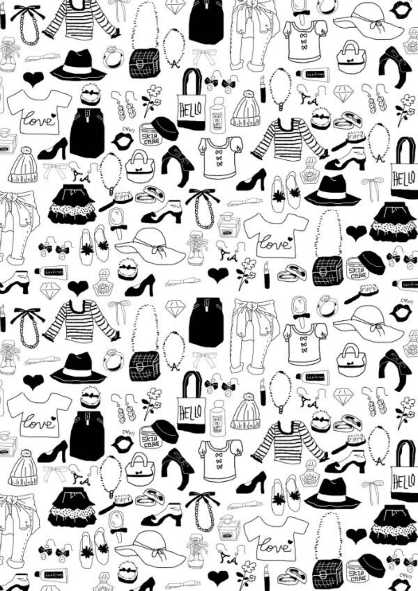 black and white pattern, hand-drawn fashion items, shoes, Full HD Phone Wallpaper