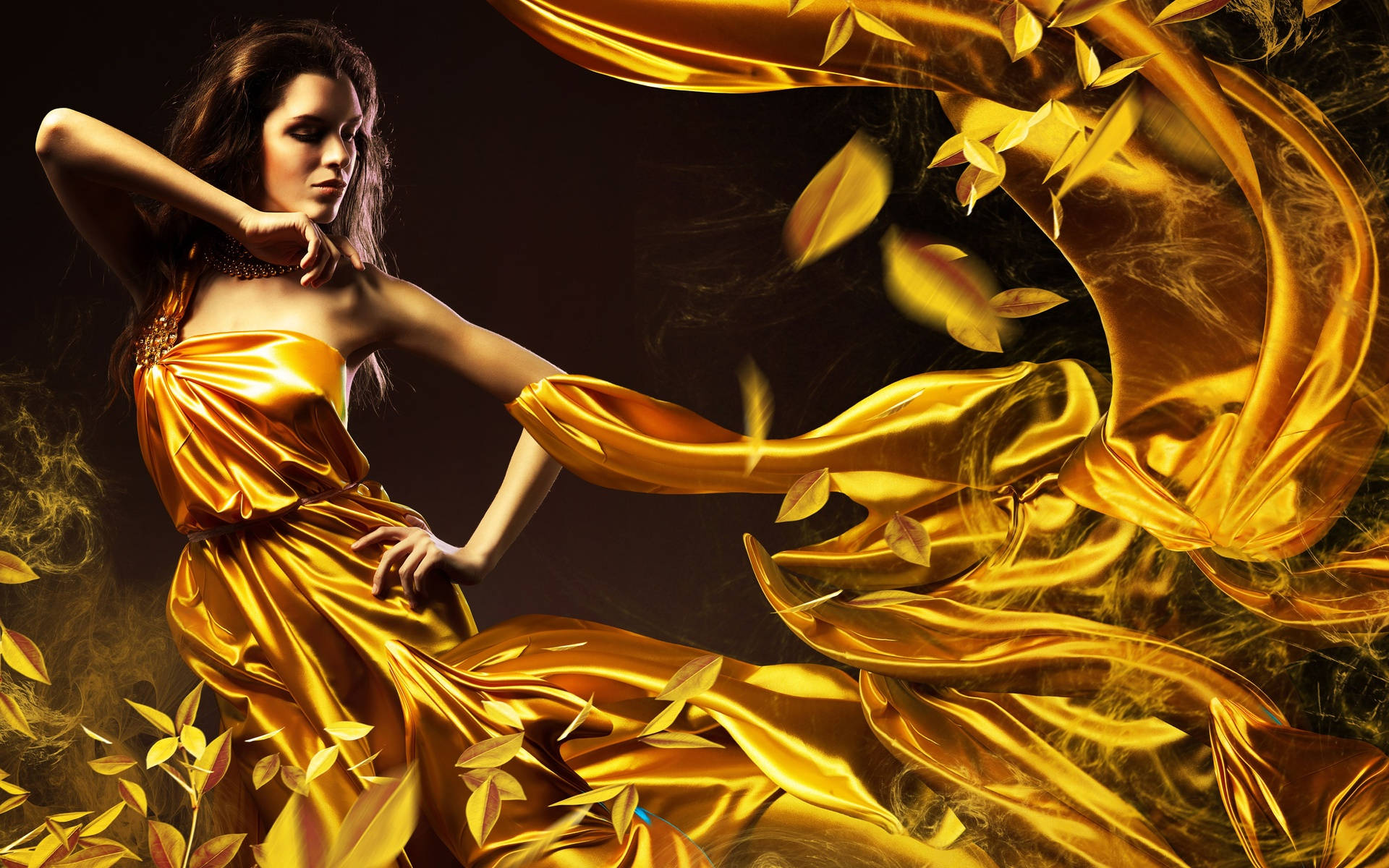 gold fashion dress, flowing golden gown, swirling gold fabric, Full HD Desktop Wallpaper
