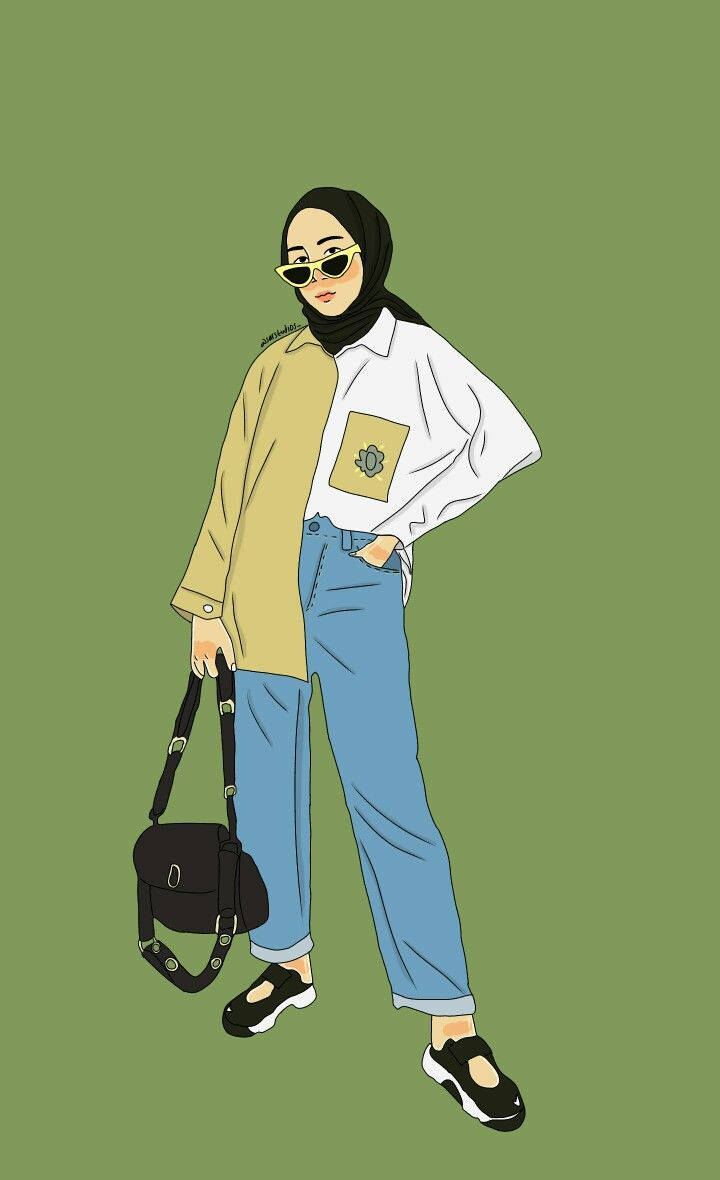 cartoon hijab, green background, sunglasses, SD Phone Wallpaper