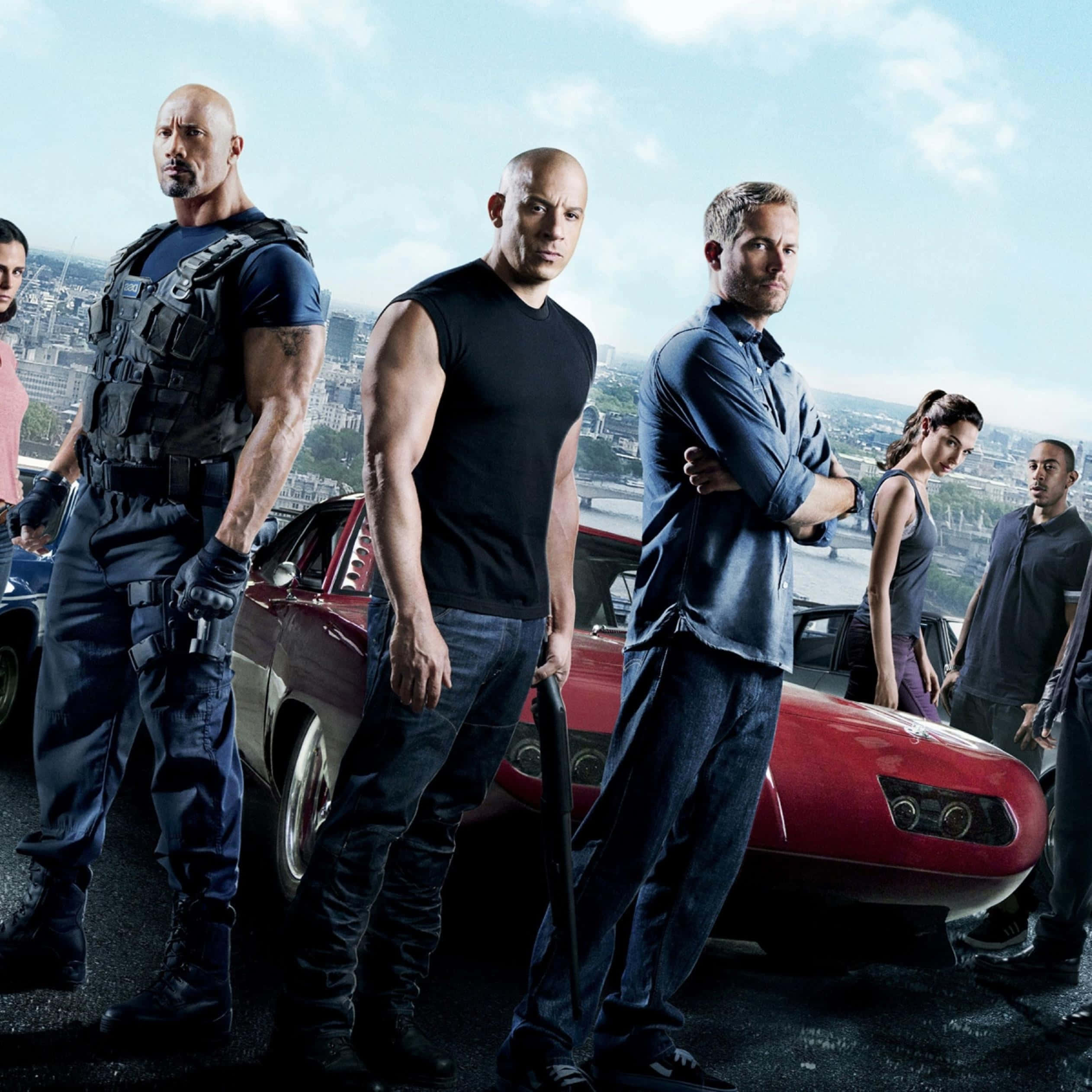 Fast and Furious 1, red classic muscle car, city rooftop, Full HD Desktop Wallpaper