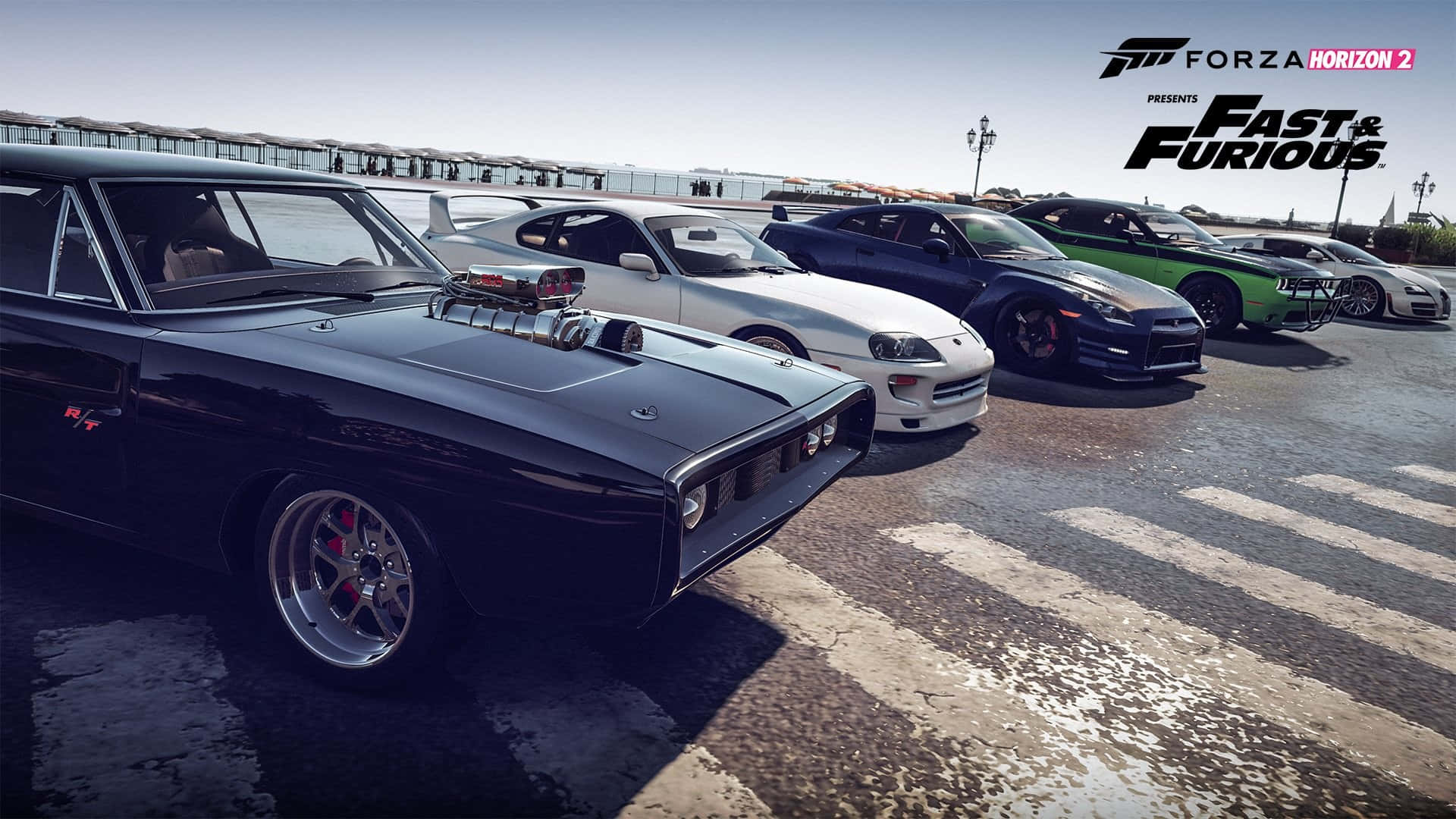 Fast and Furious 1, muscle cars, wet asphalt lot, Full HD Desktop Wallpaper