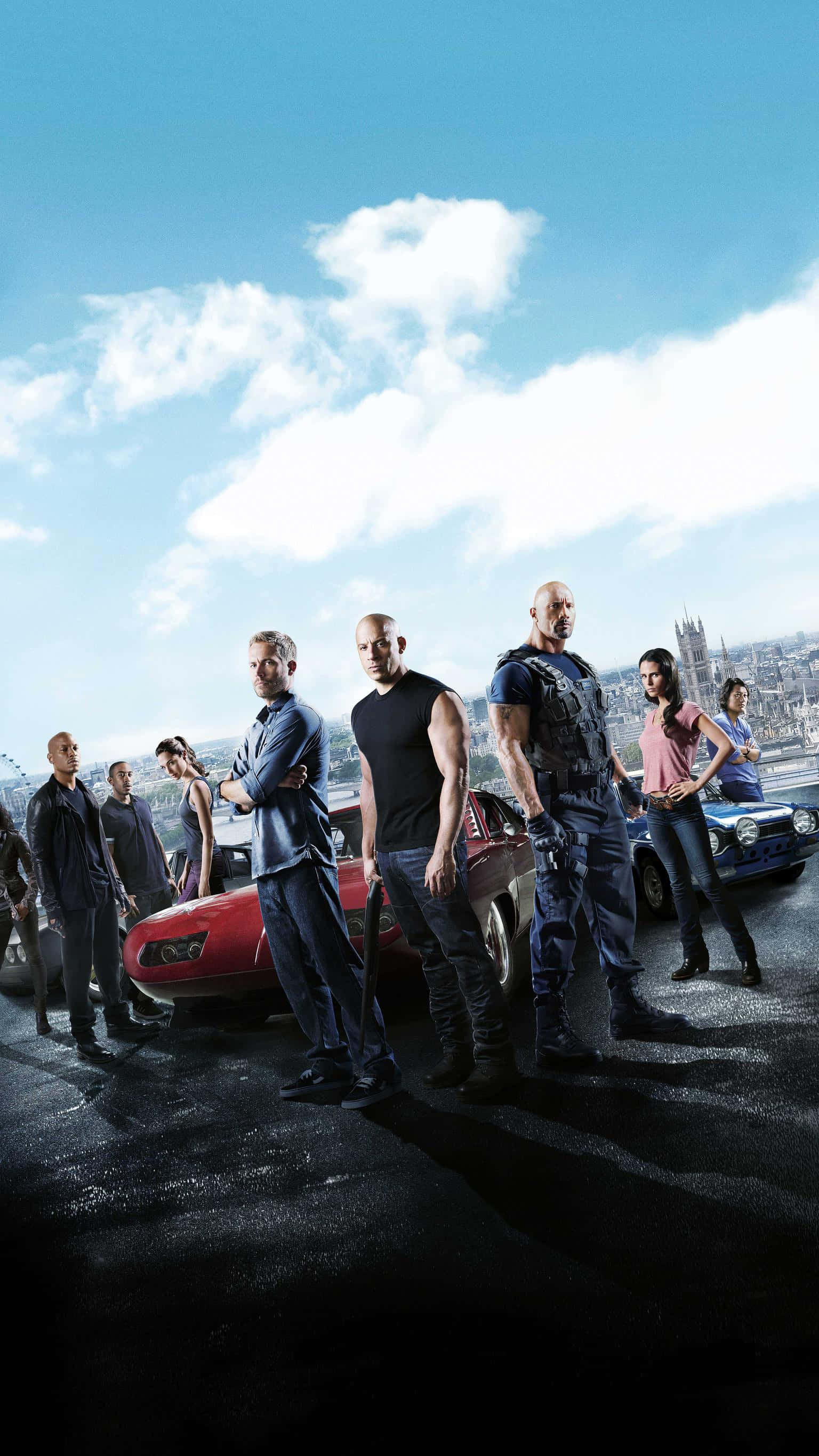 Fast and Furious, red and blue sports cars, wet city rooftop, 2K Phone Wallpaper