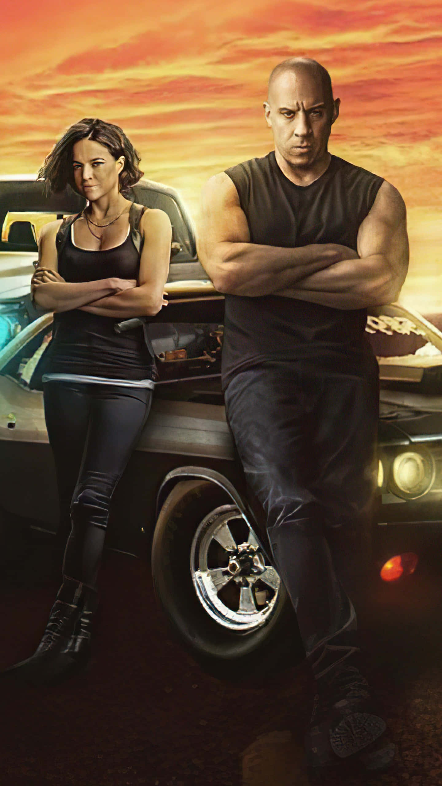 Fast & Furious 9, muscle car, fiery sunset sky, 2K Phone Wallpaper