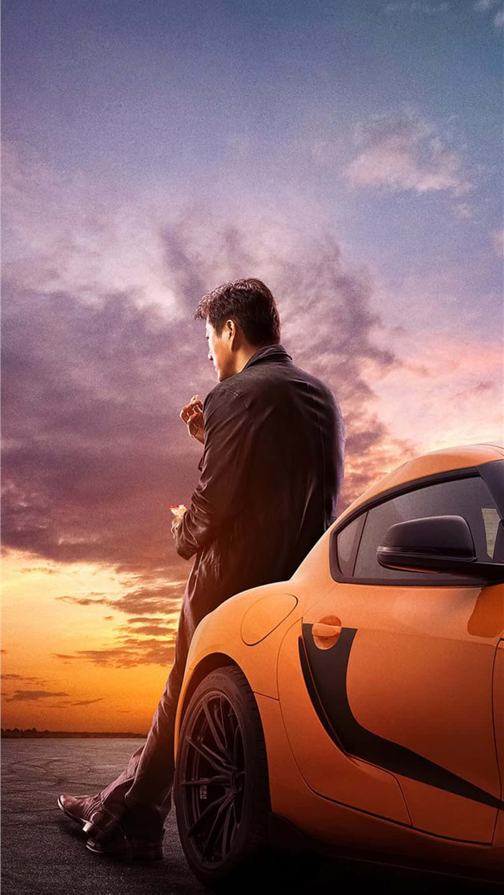 Fast And Furious 9, vibrant orange sports car, dramatic sunset sky, HD Phone Wallpaper
