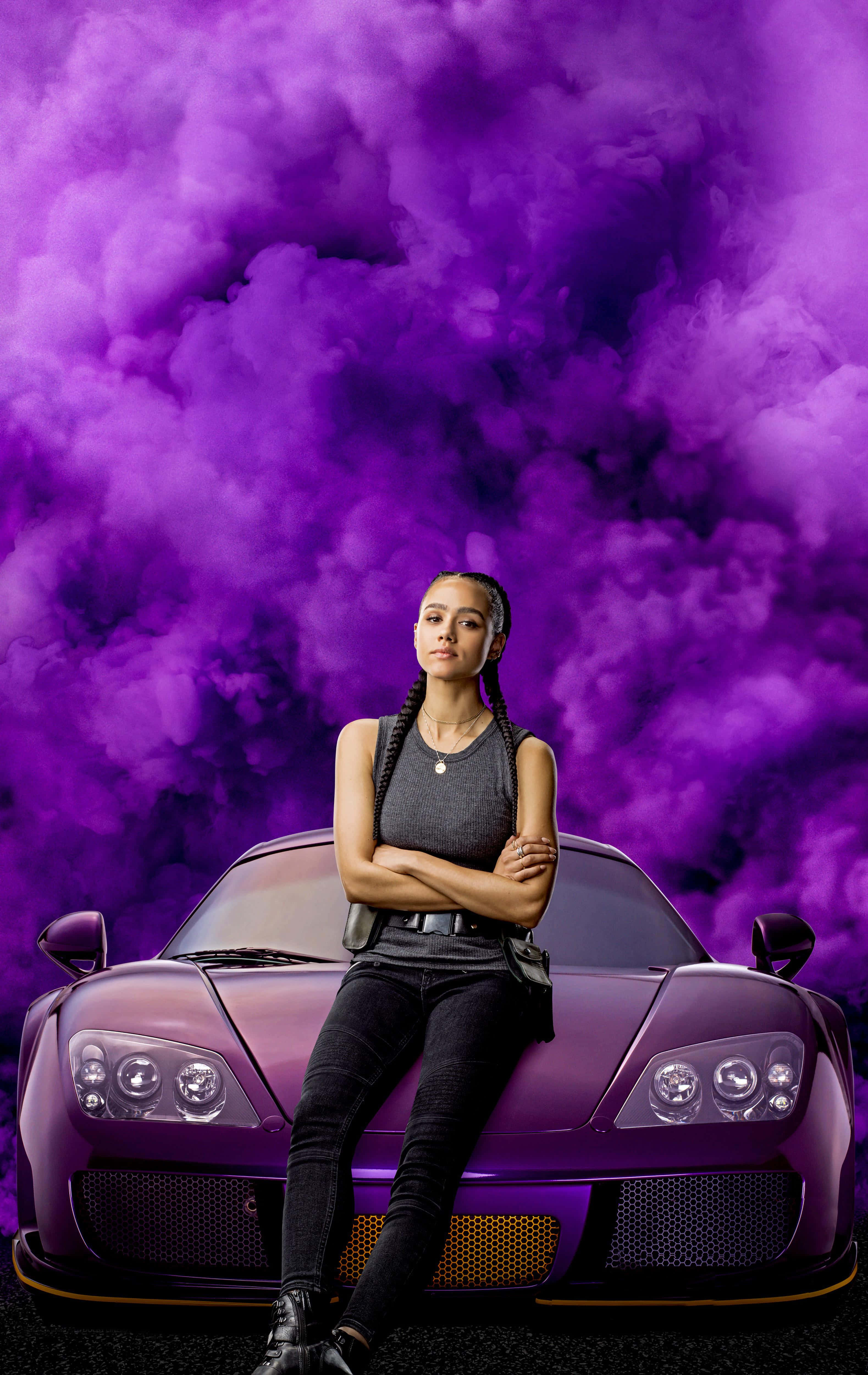 Fast And Furious 9, purple sports car, swirling purple smoke, 4K Phone Wallpaper