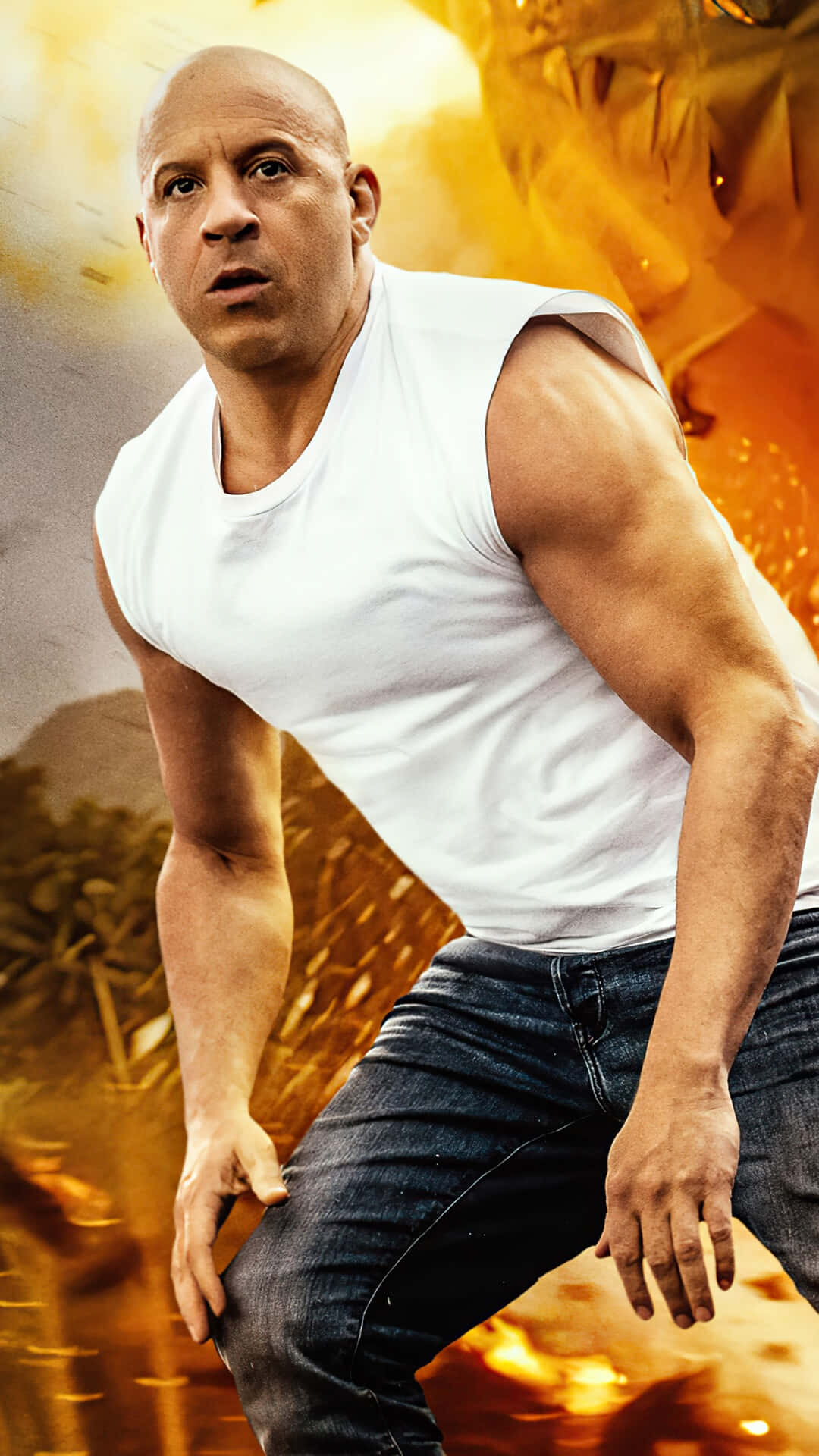 Fast And Furious 9, fiery explosion, white tank top, Full HD Phone Wallpaper