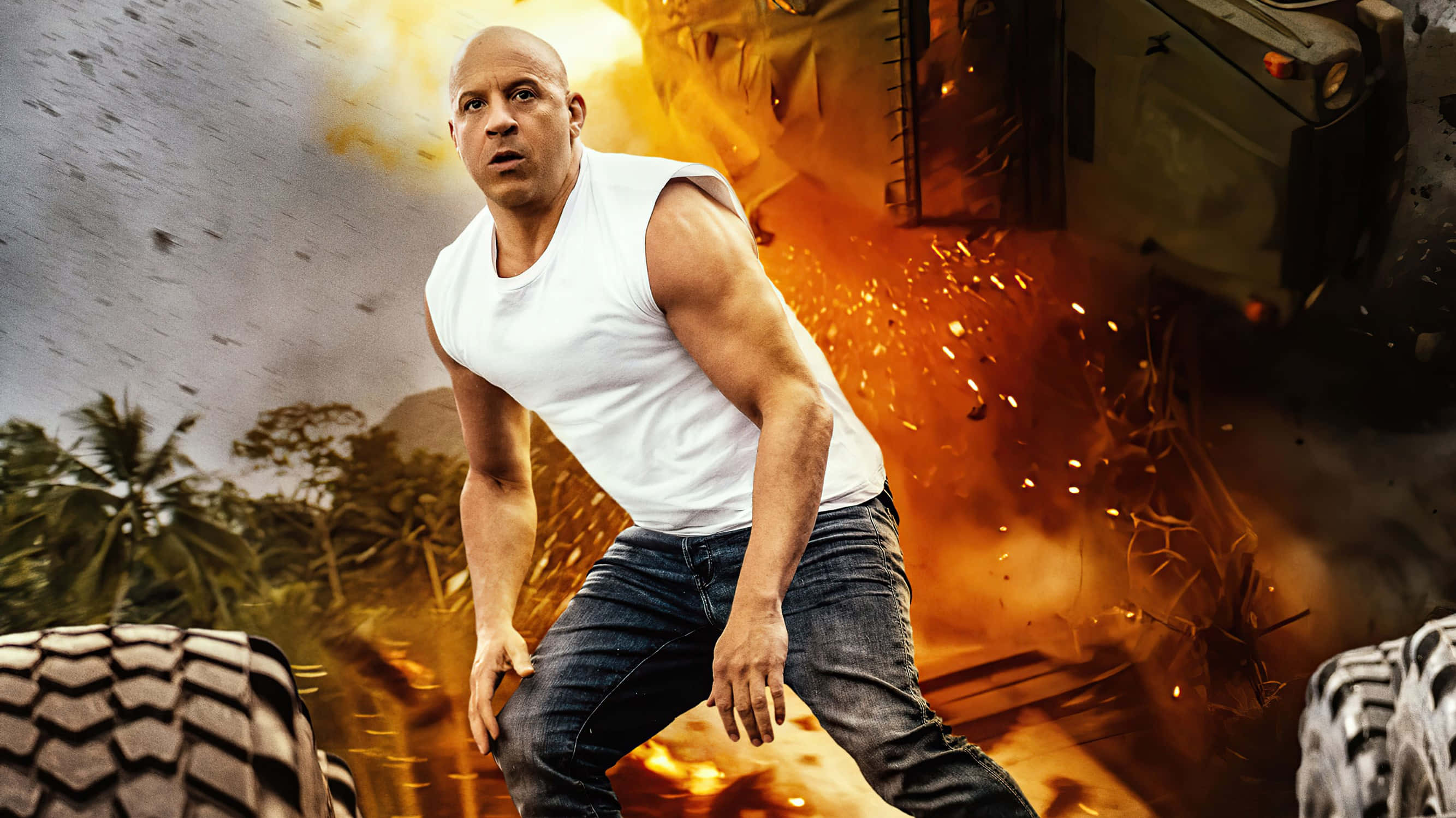 Fast And Furious 9, tropical jungle, fire, 2K Desktop Wallpaper