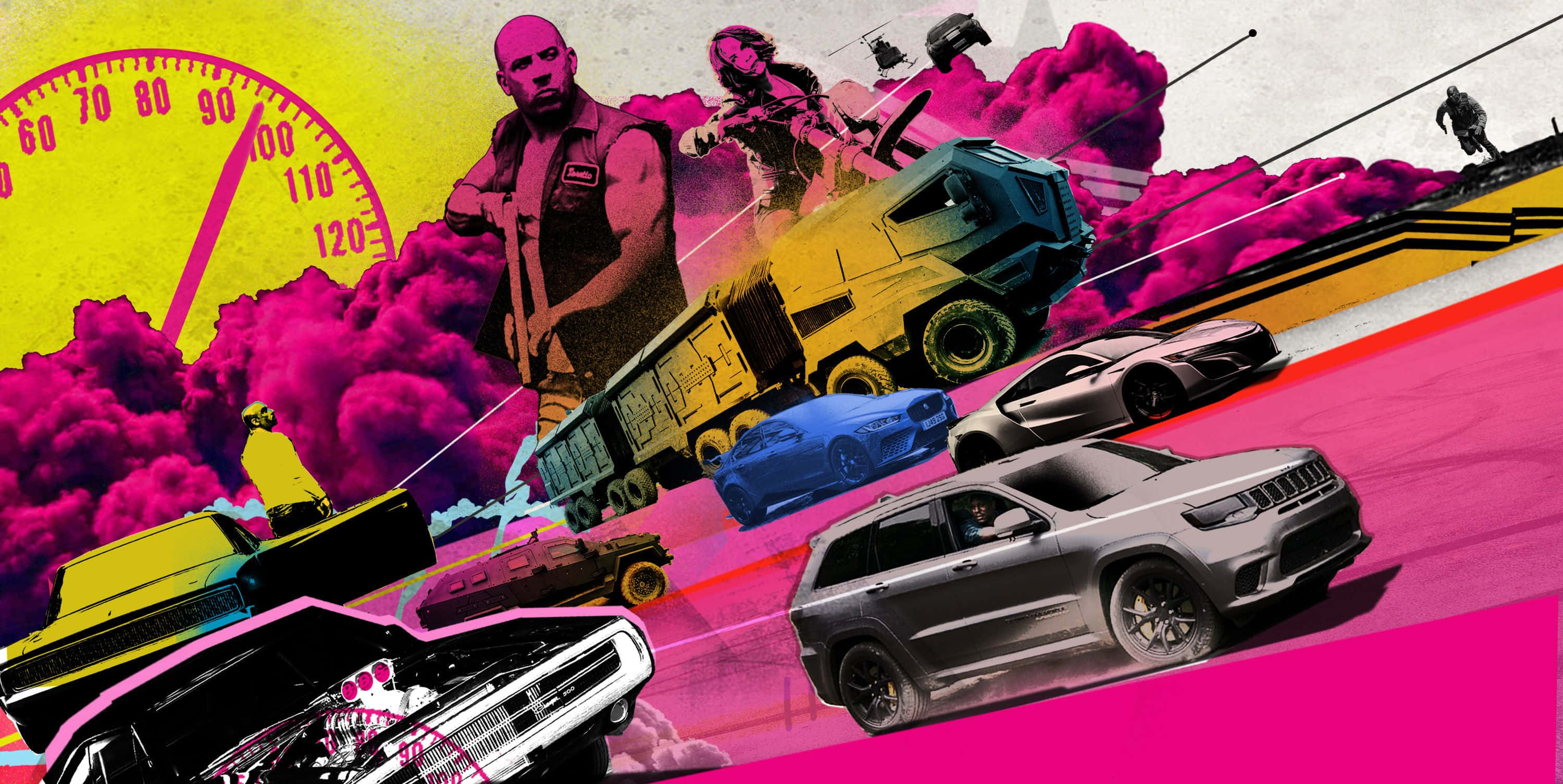 Fast And Furious 9, psychedelic pink, yellow backdrop, 2K Desktop Wallpaper