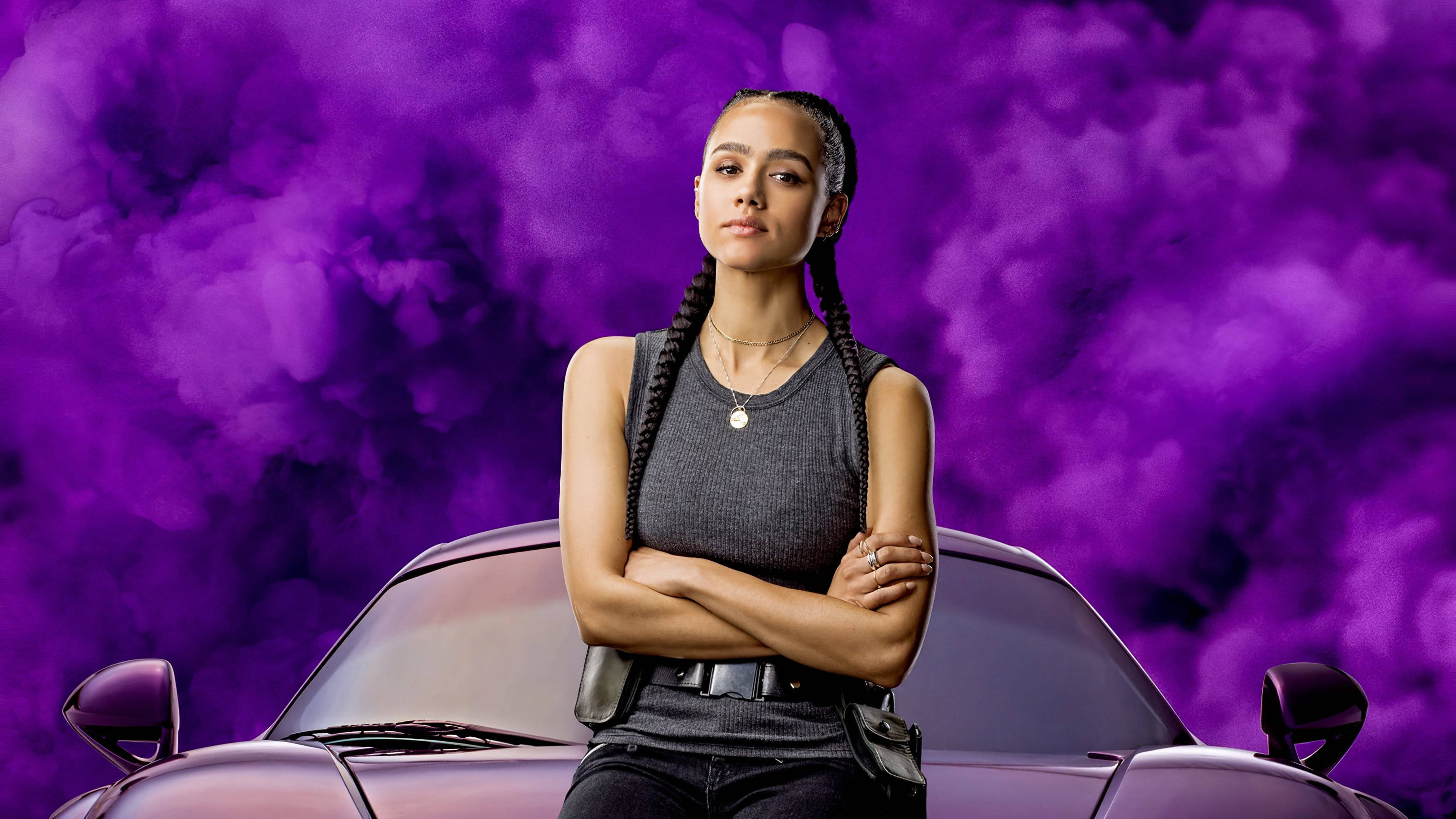 Fast And Furious, purple sports car, swirling purple smoke background, 2K Desktop Wallpaper
