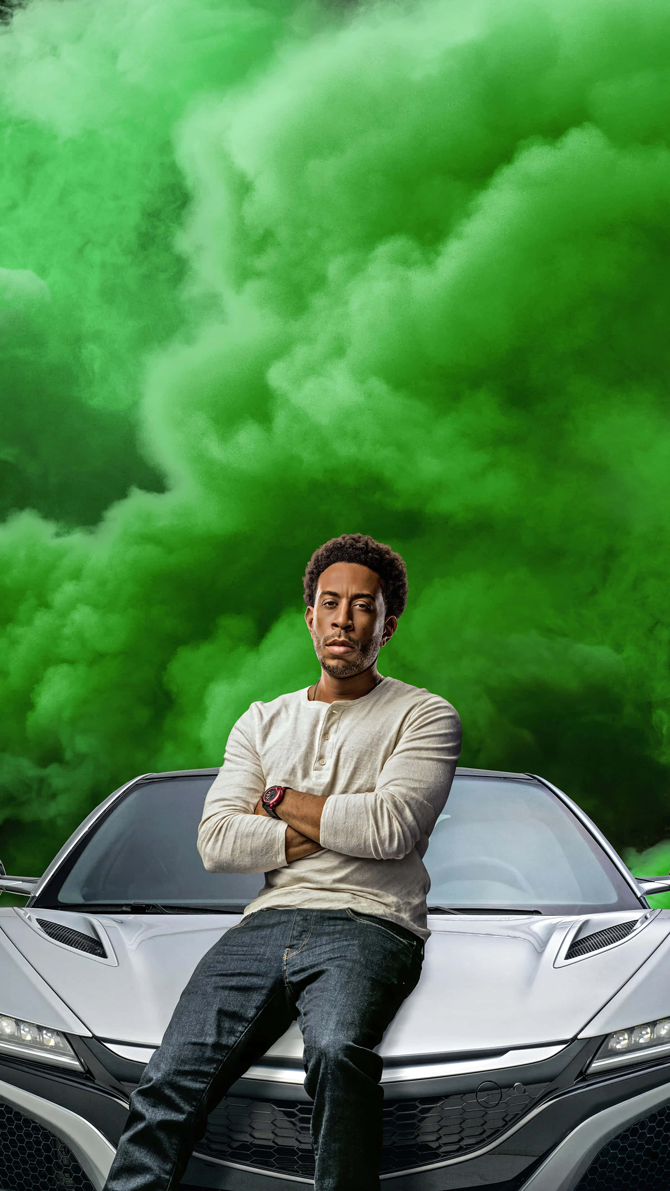 Fast And Furious Phone, silver sports car, swirling green smoke, 4K Phone Wallpaper
