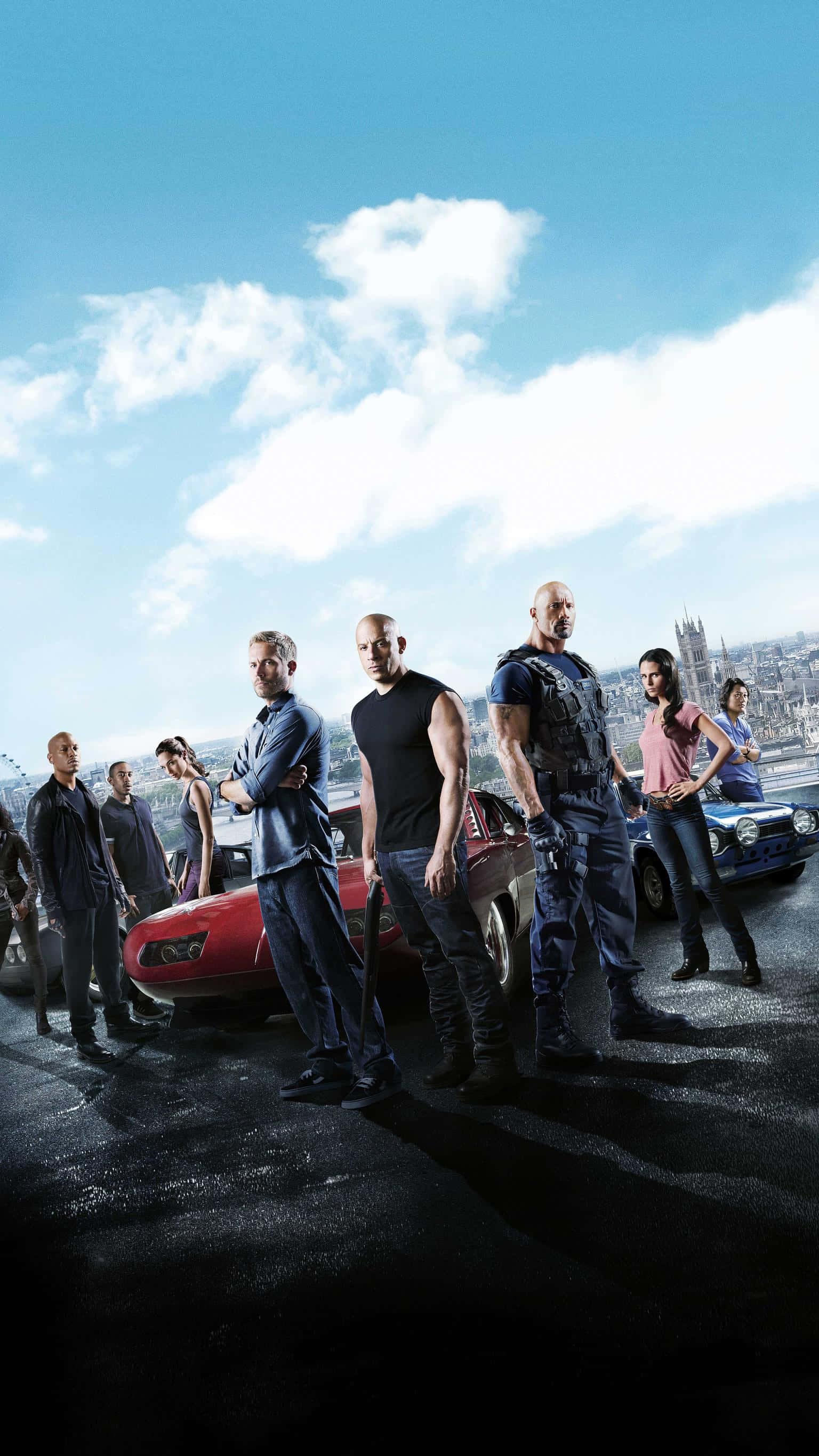 Fast And Furious, red and blue muscle cars, wet city rooftop, 2K Phone Wallpaper