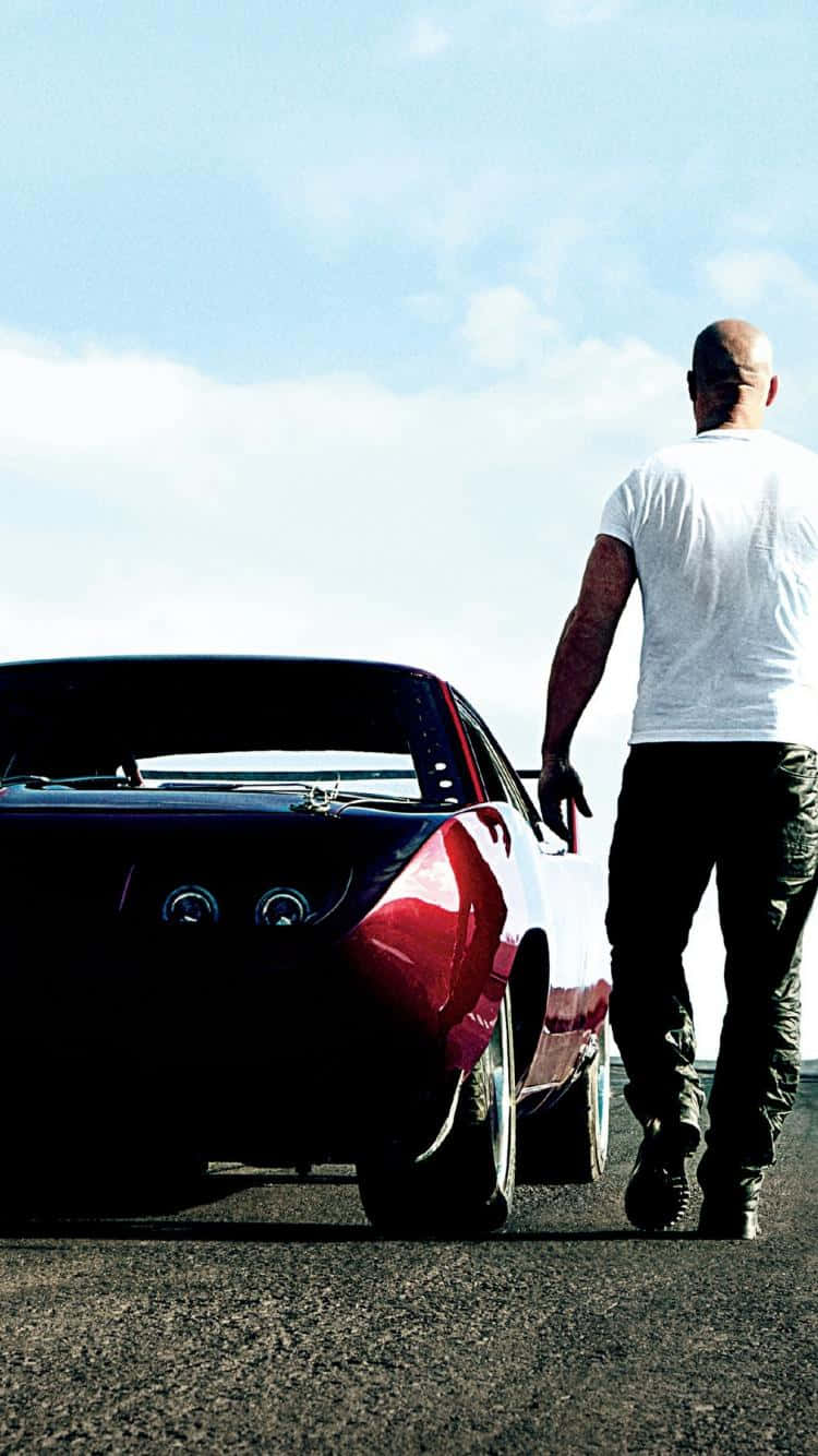 red car, sleek black and red muscle car, bald man in a white tee, HD Phone Wallpaper