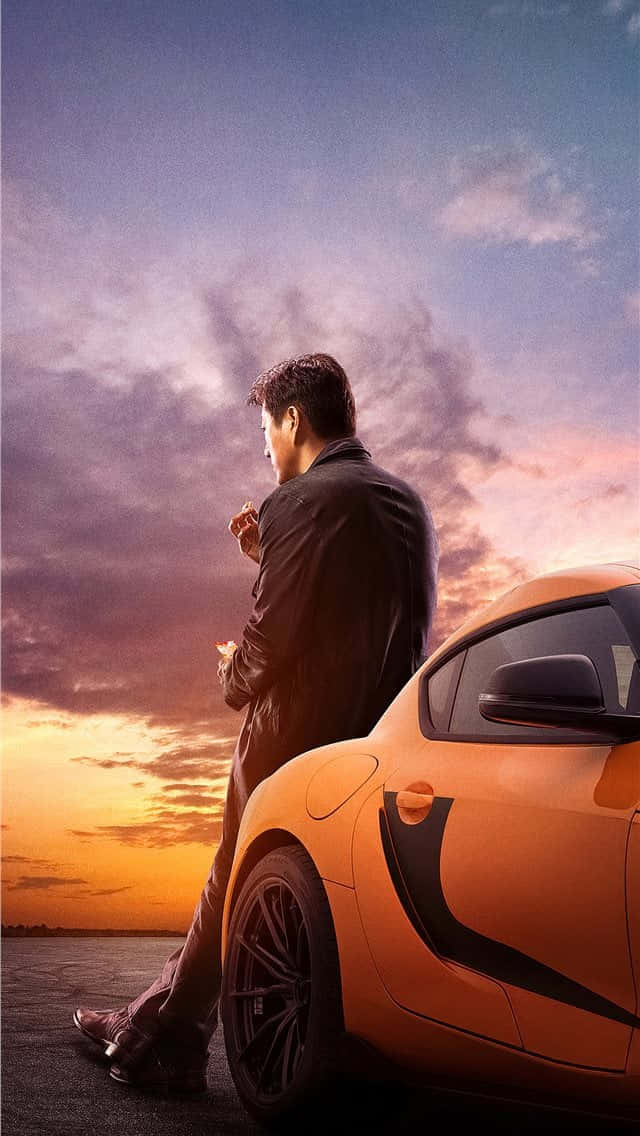Fast And Furious 9, black jacket, vibrant orange sports car, SD Phone Wallpaper