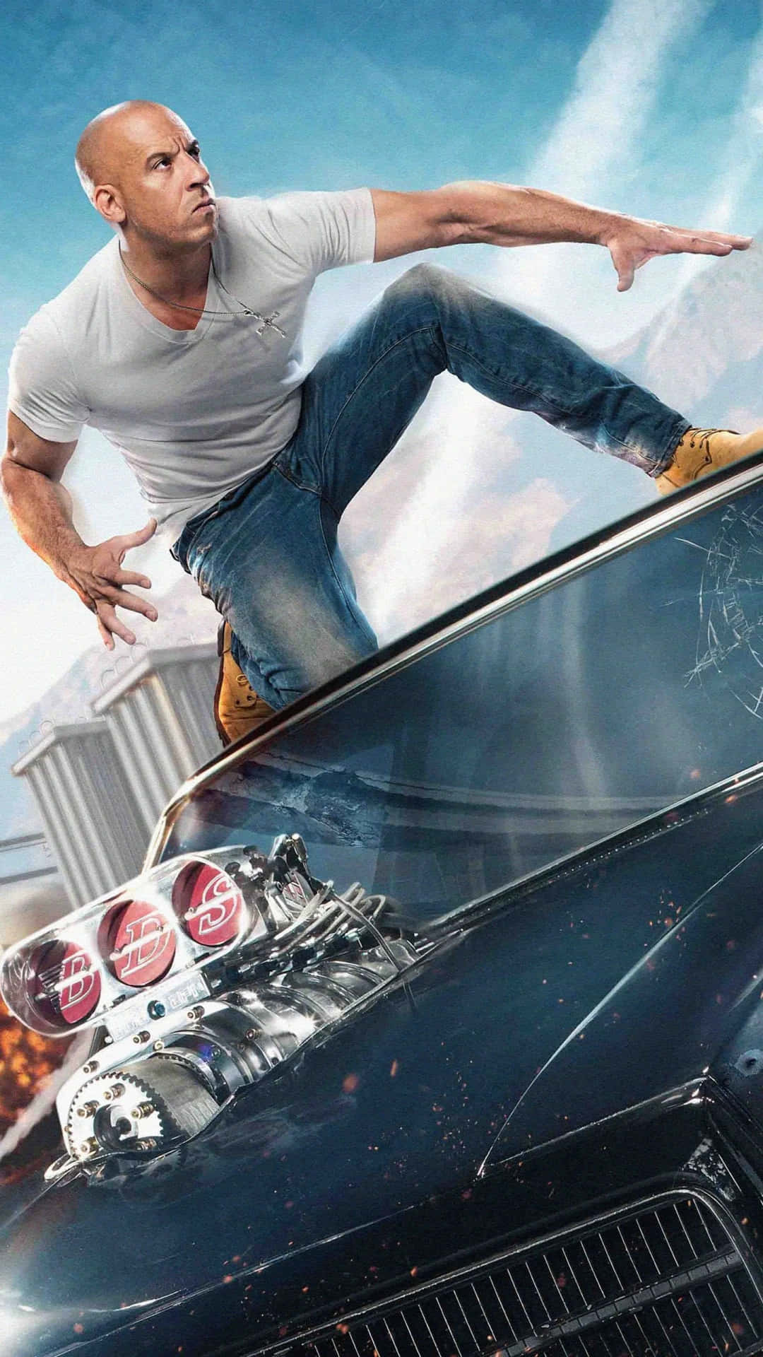 Fast and Furious 7, bald man, black muscle car, Full HD Phone Wallpaper